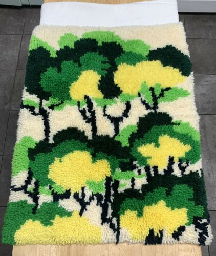 Vintage Latch Hook Rug Completed Retro Trees Green Yellow