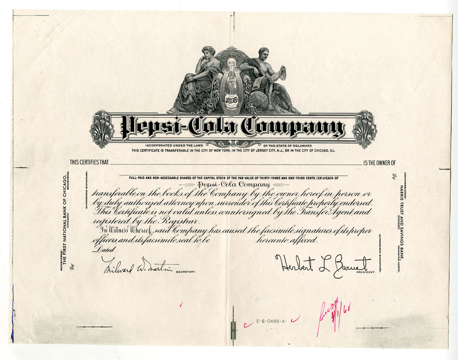 Pepsi-cola Co., 1960 Production Proof Stock Certificate Pair, Vf-xf Scbn