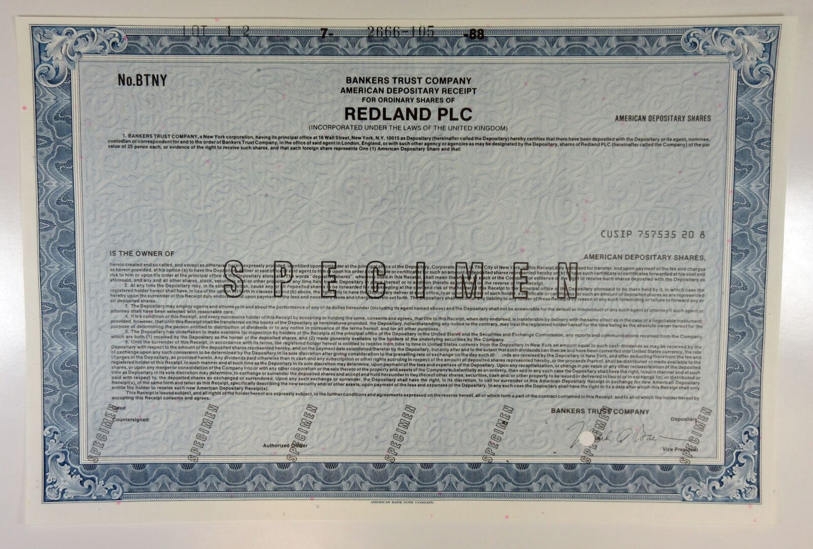 Uk. Redlands Plc, 1988 Odd Shrs Specimen Adr Cert., Vf-xf Abn Blue