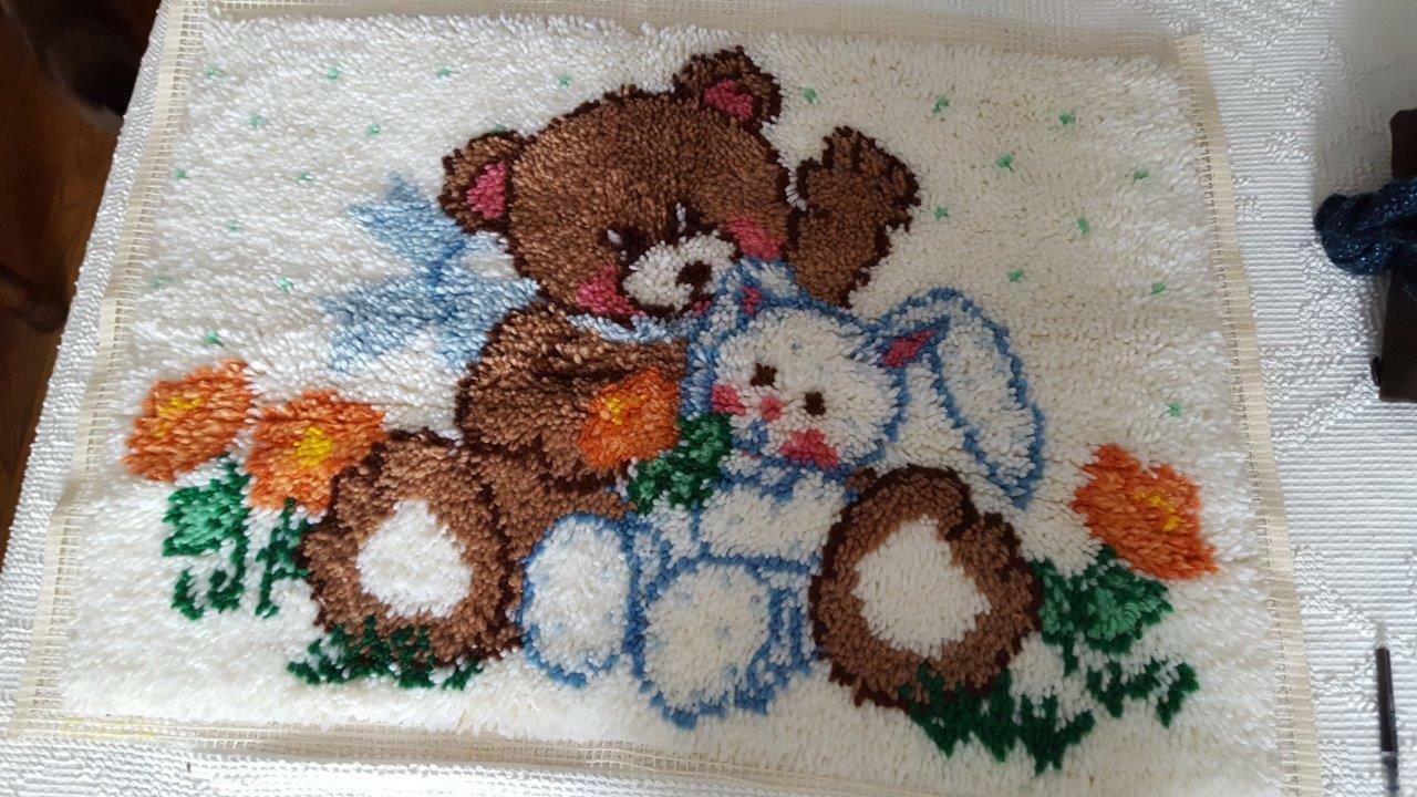 Large 34x24" Finished Teddy Bear Latch Hook Rug, Bunny Rabbit, No Stains,vintage
