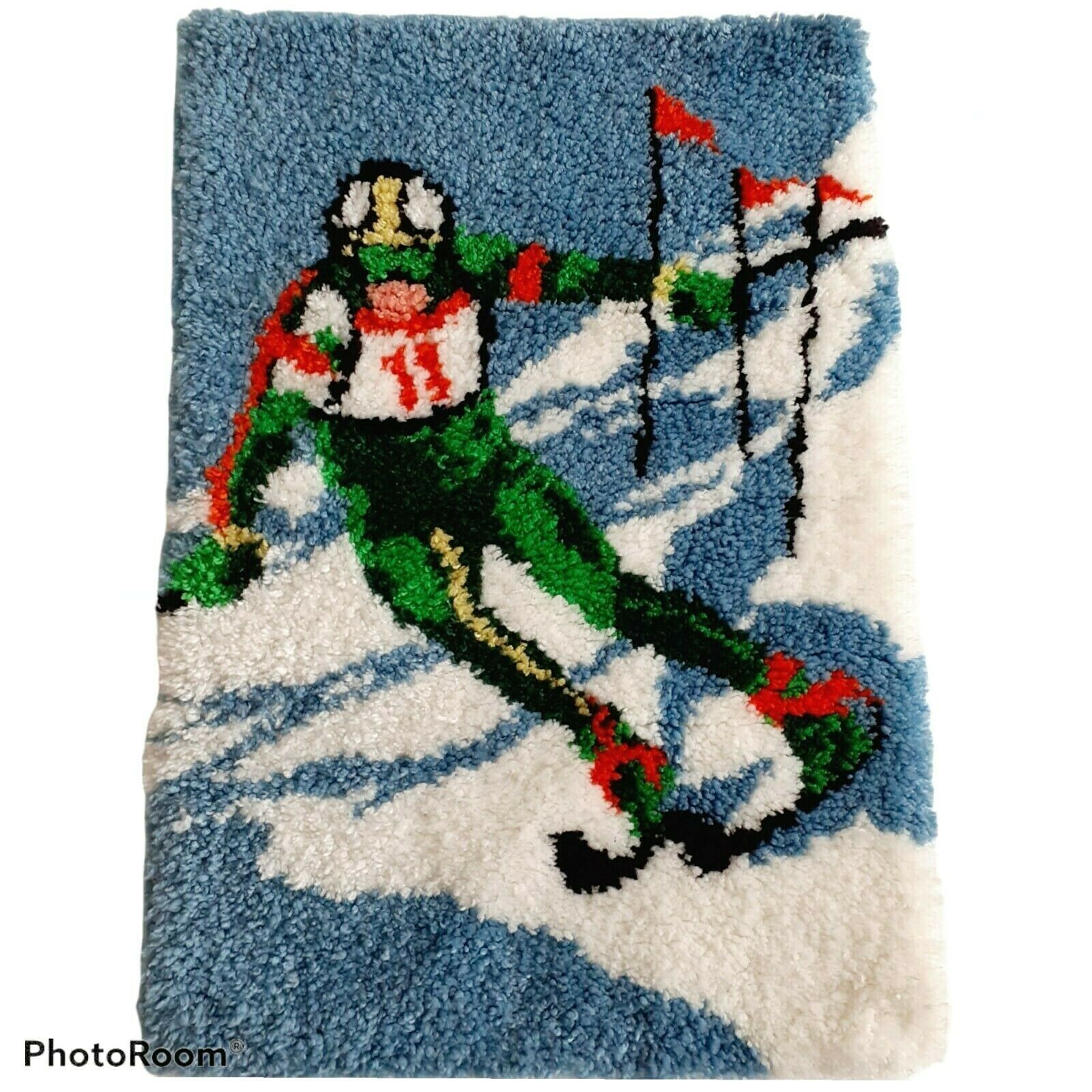 Downhill Ski Racing Latch Hook Rug / Wall Hanging, Completed 24x34" Blue Green +