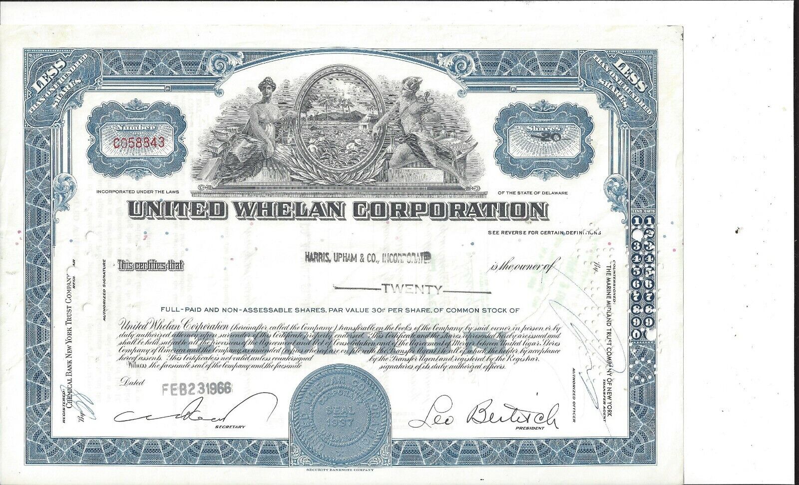 United Whelan Corporation.......1966 Common Stock Certificate
