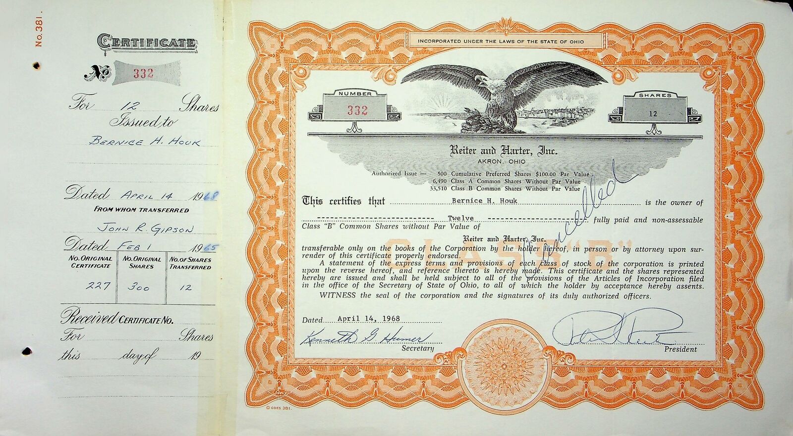 Reiter Dairy Company Stock Certificate Bond Scripophilly Akron Ohio 1968 No 332