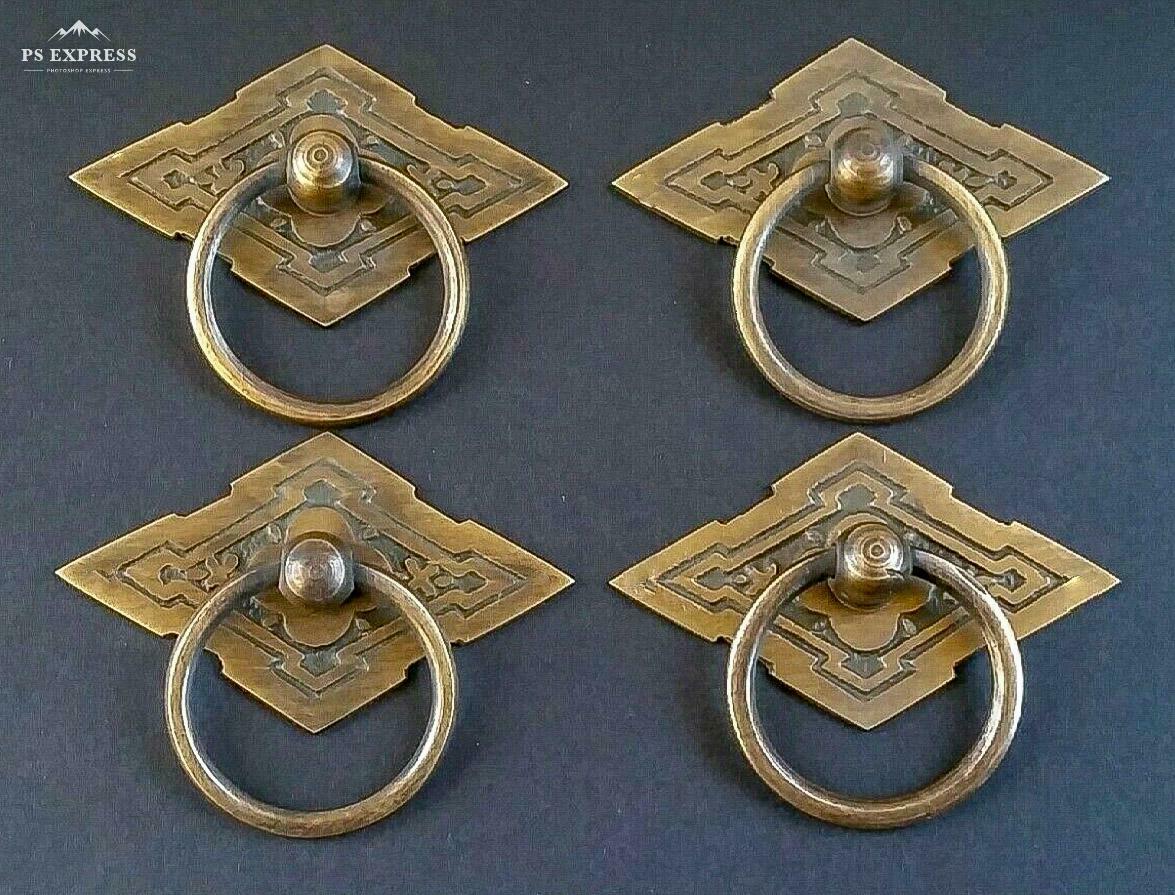4 Eastlake Antique Style Brass Ornate Ring Pulls Handles 2-3/8" Wide #h15