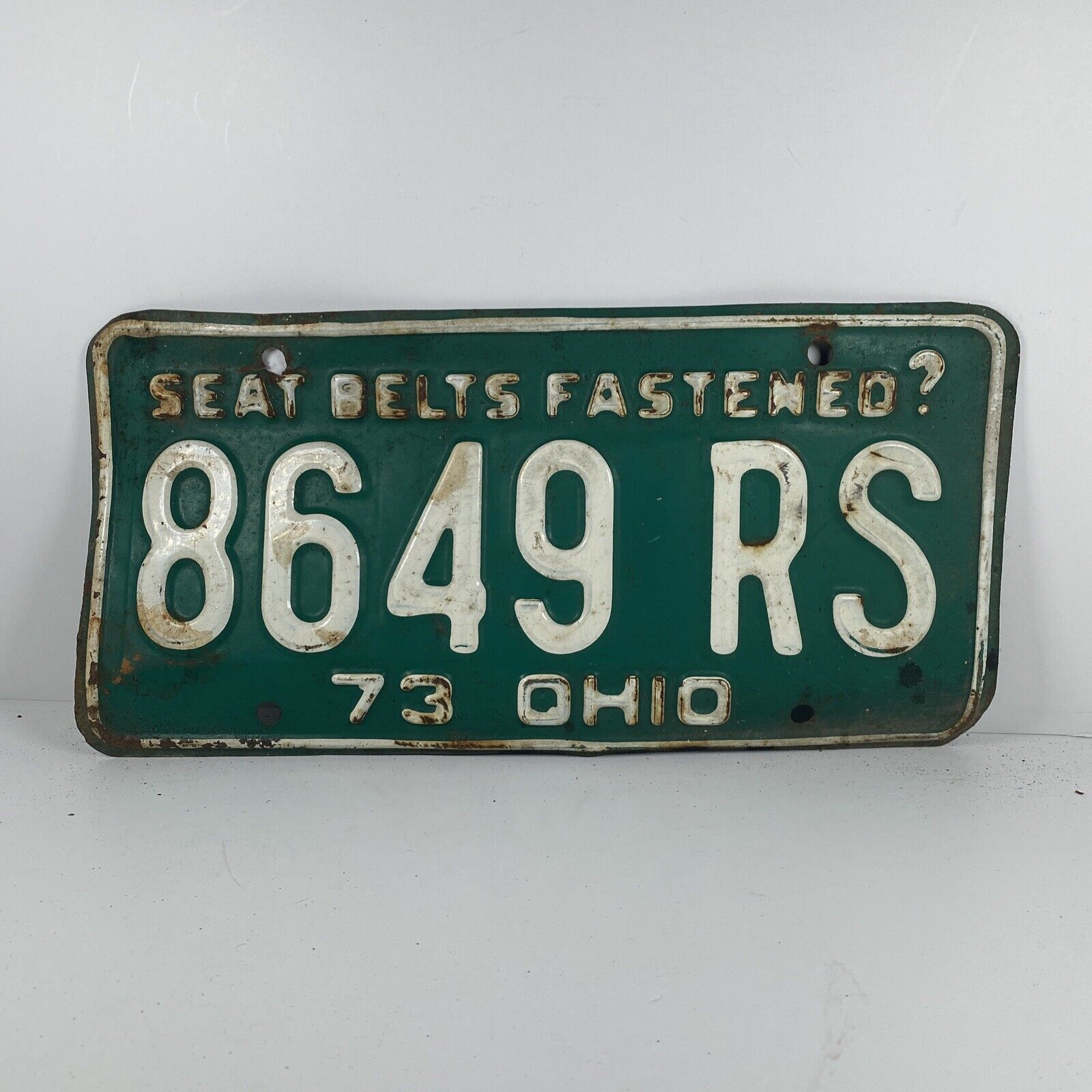 Vintage Ohio Oh License Plate 1973 Seat Belts Fastened? No. 8649 Rs Green White