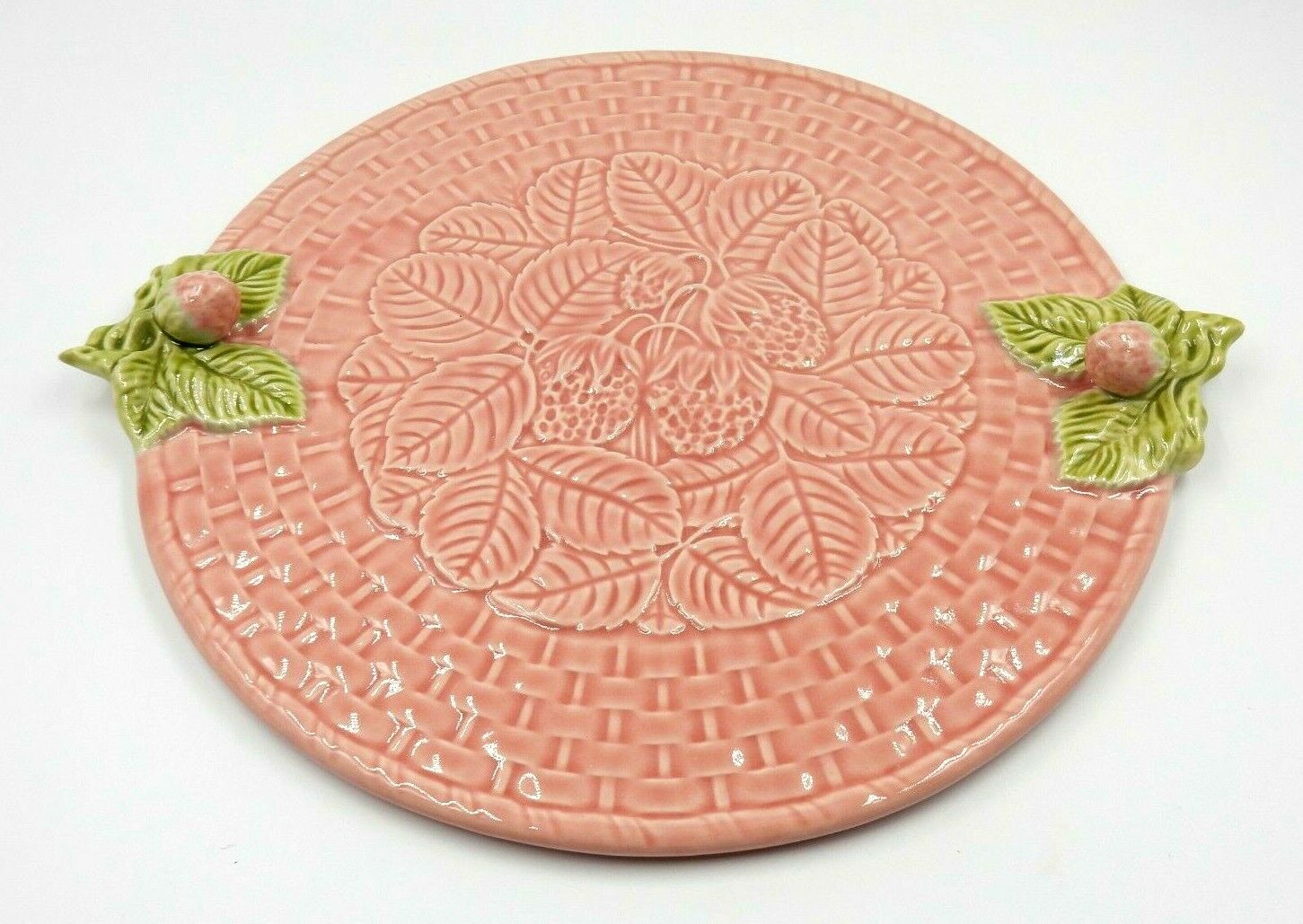Vintage Bordallo Pinheiro 12.75" Round Pink Strawberry Cake Plate ~ Portugal