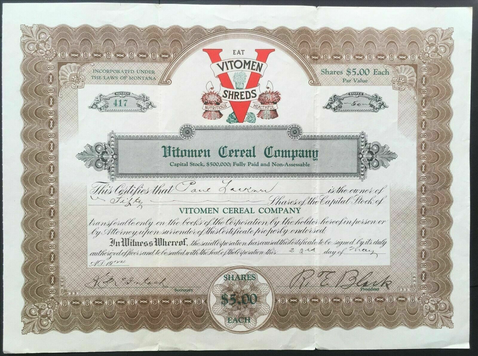 1924 Vitomen Cereal Company Stock Certificate Butte, Montana