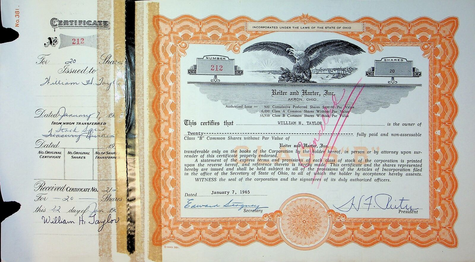 Reiter Dairy Company Stock Certificate Bond Scripophilly Akron Ohio 1965 No 212