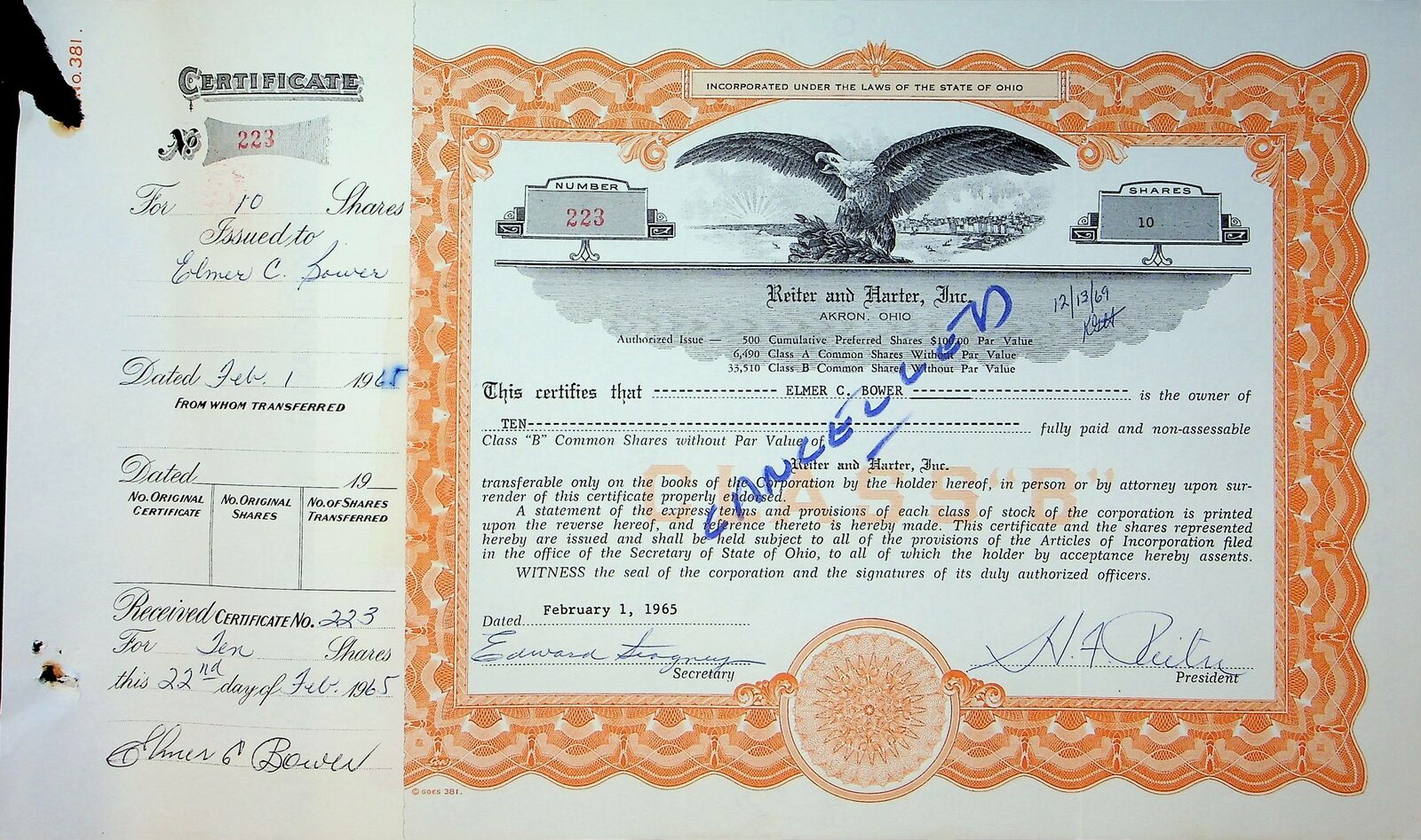 Reiter Dairy Company Stock Certificate Bond Scripophilly Akron Ohio 1965 No 223