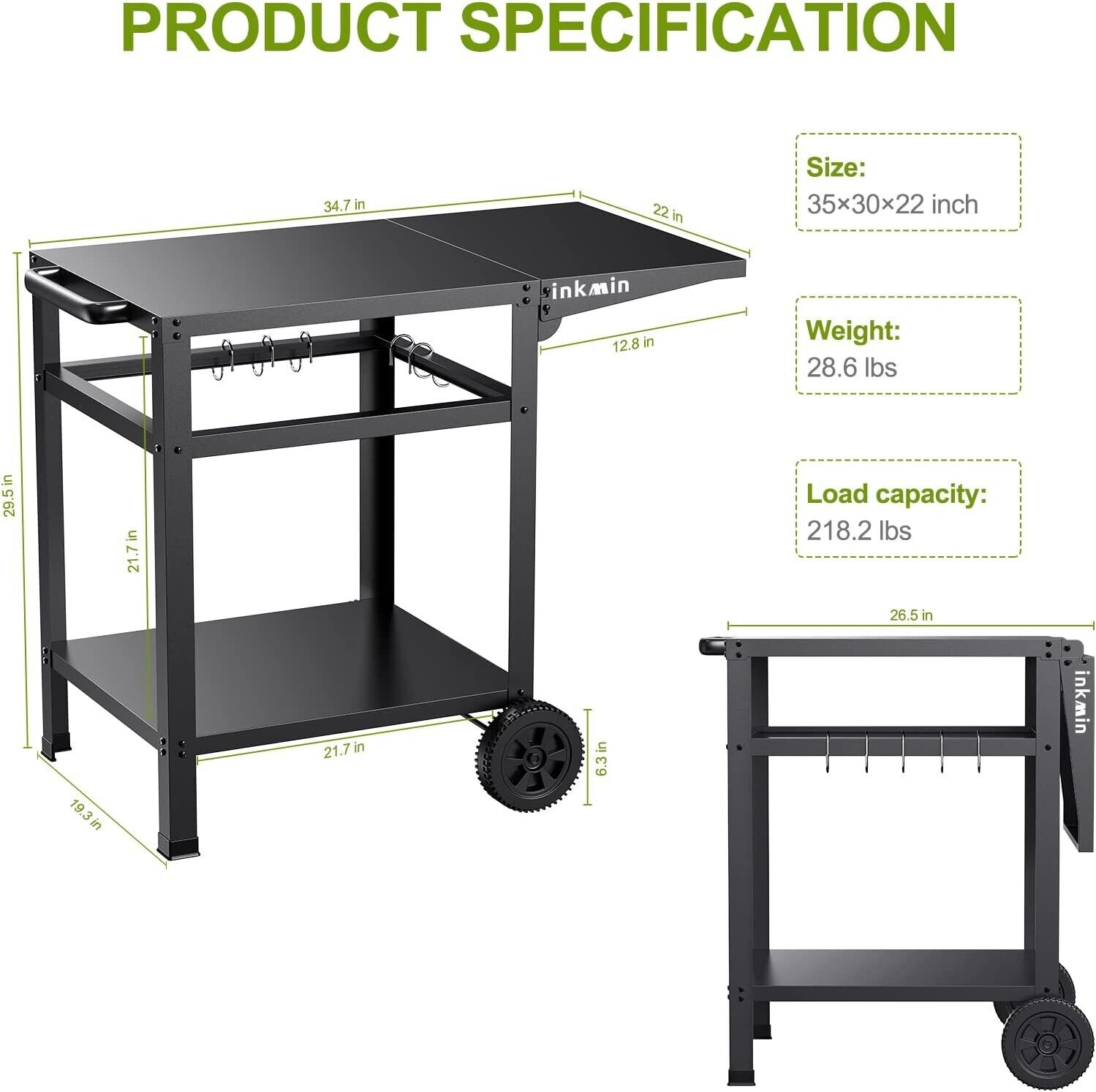 Cart Movable Table Trolley Stainless Steel Free Stand Worktable Black