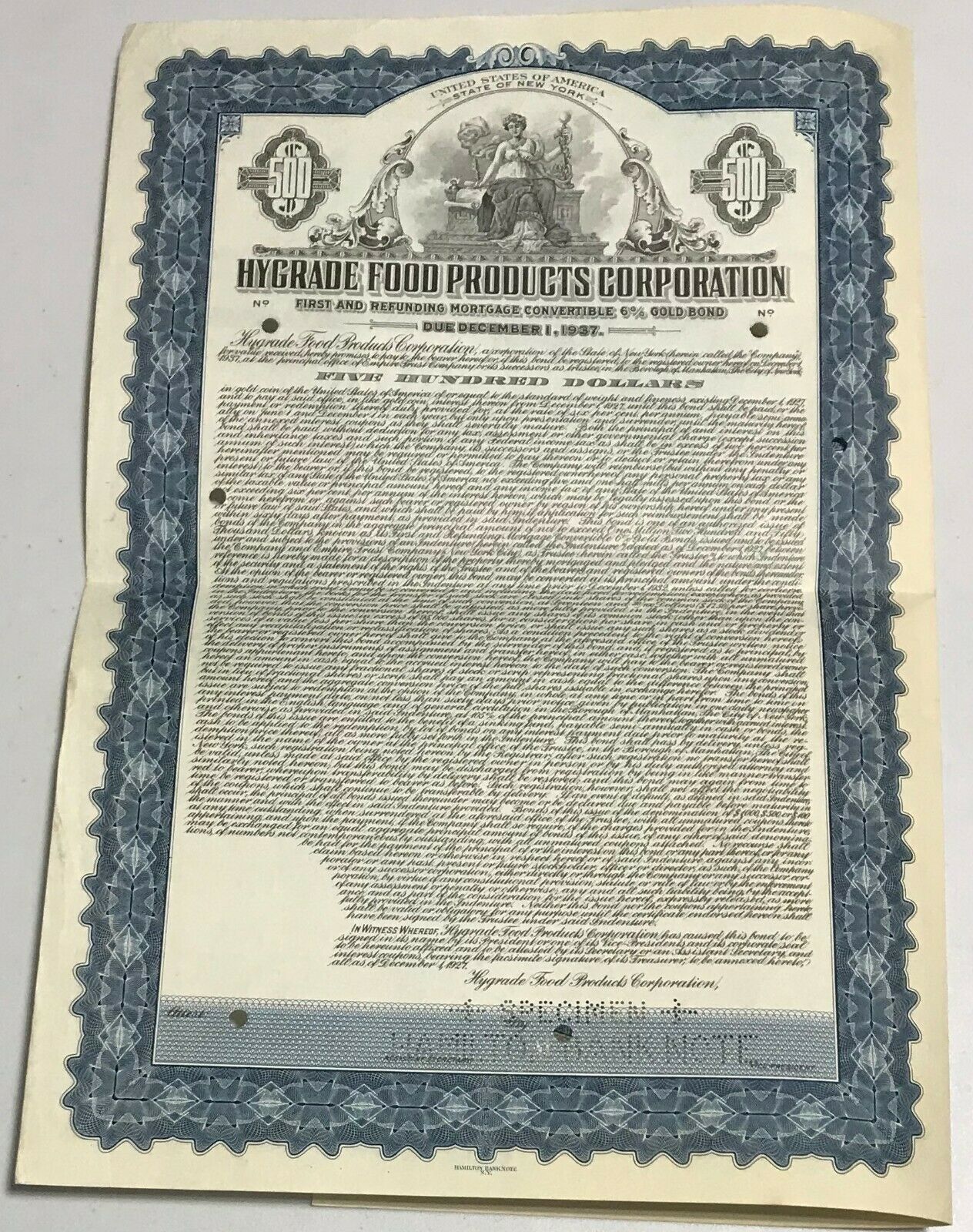 1927 Hygrade Food Products Corporation Gold Bond Certificate New York Specimen