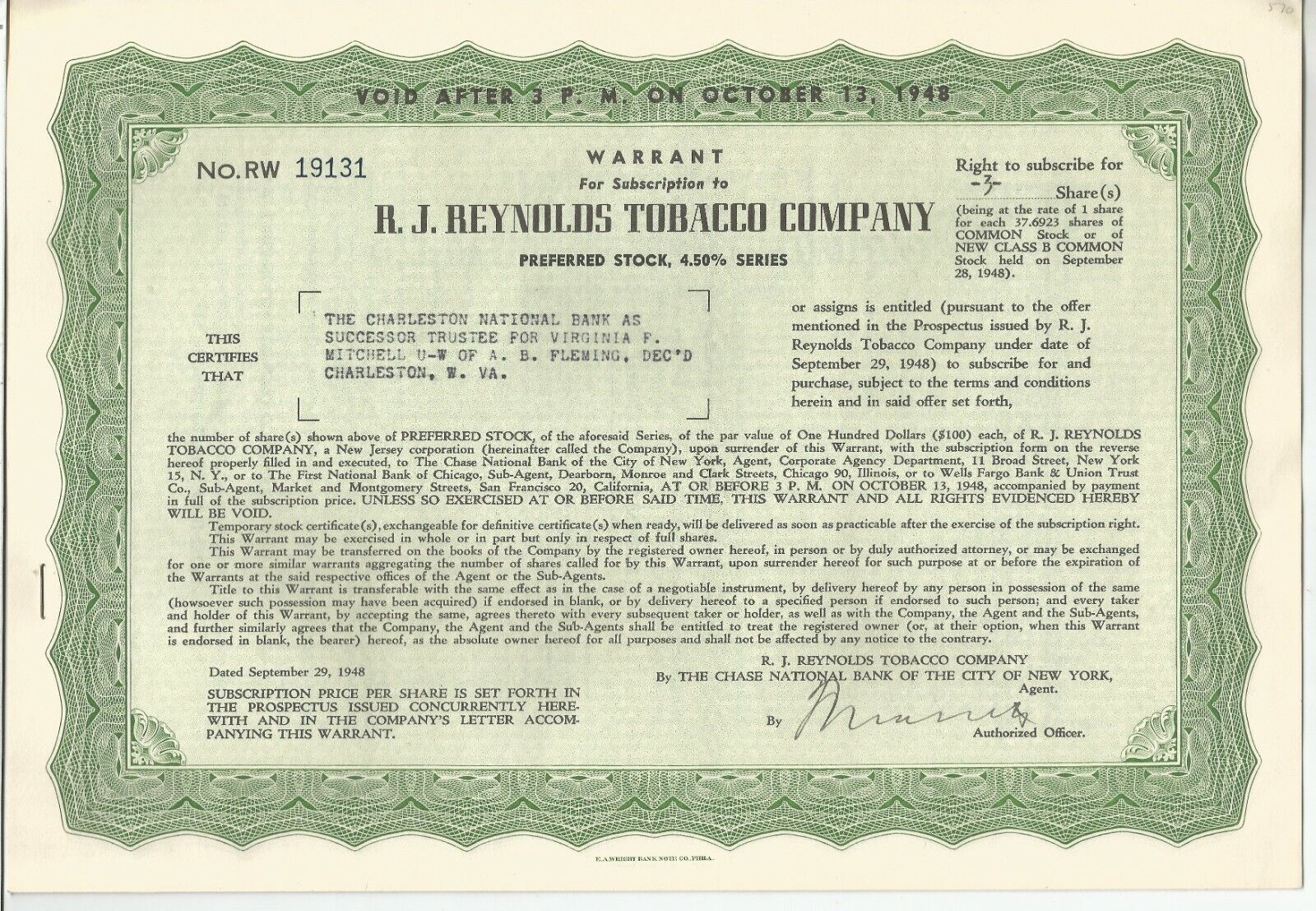 1948 R.j. Reynolds Tobacco Company Stock Certificate West Virginia Wv