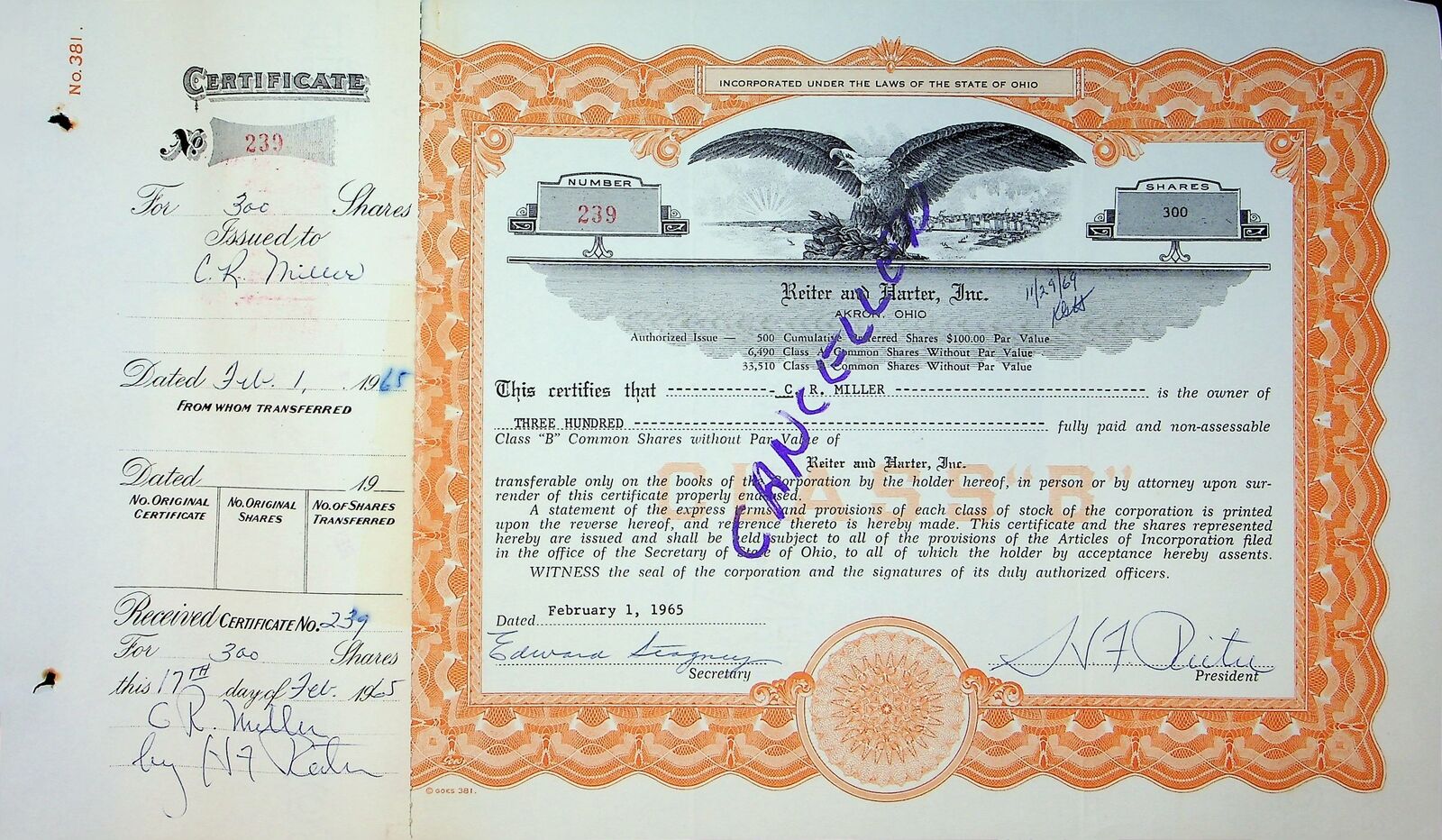 Reiter Dairy Company Stock Certificate Bond Scripophilly Akron Ohio 1965 No 239