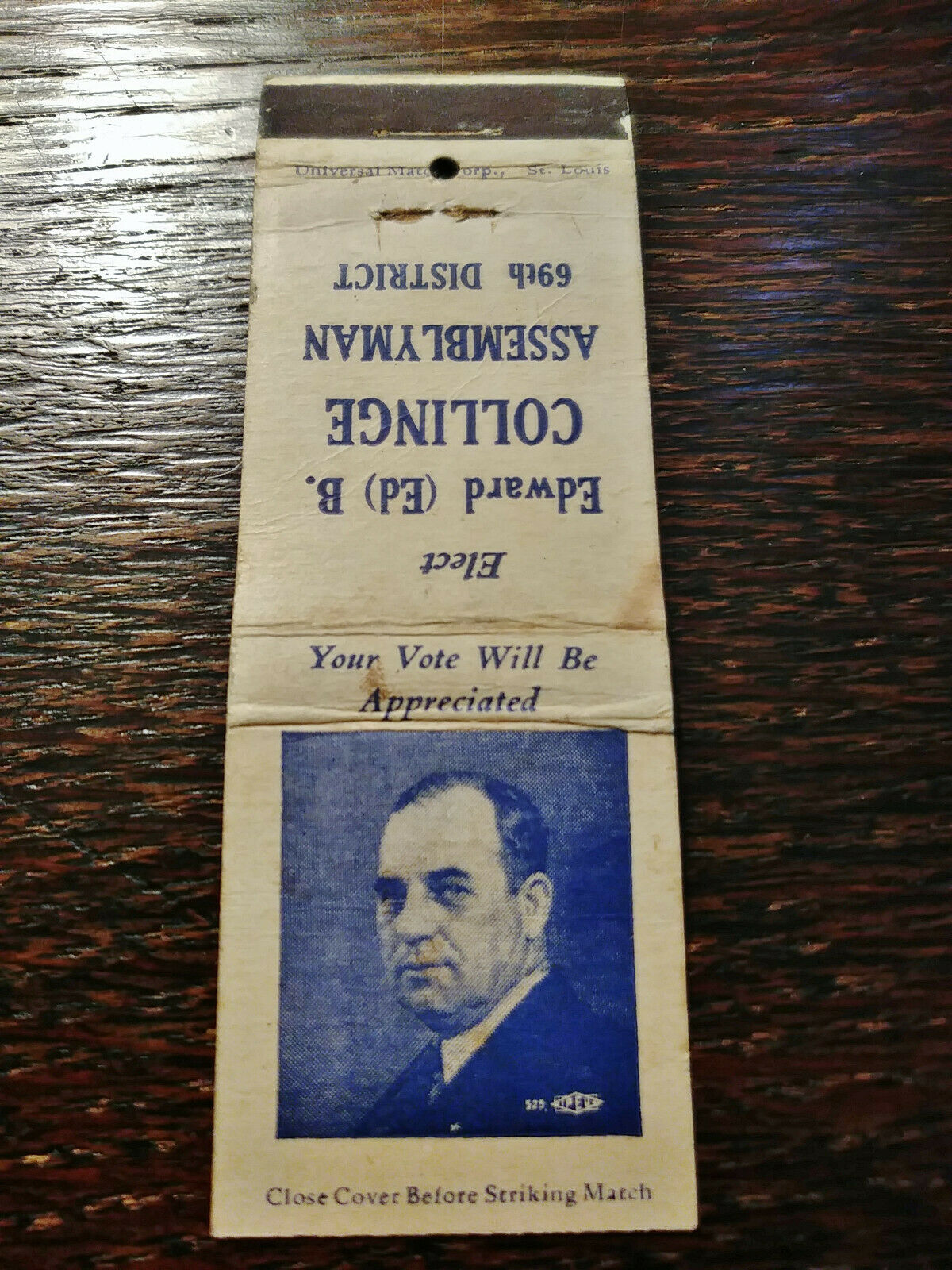Vintage Matchcover: Vote Edward B. Collinge Assemblyman, 69th District    08