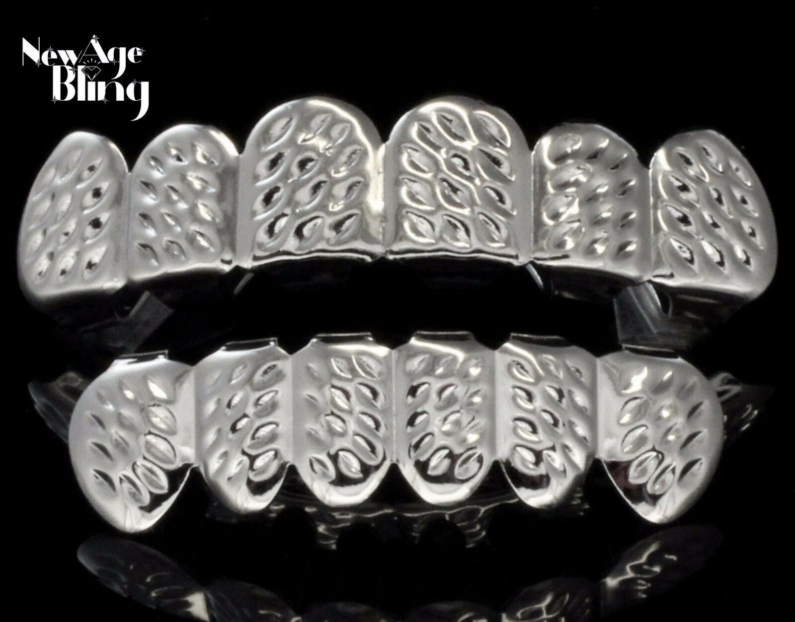 Diamond Cut Custom Fit Teeth Silver Tone Top Bottom Grillz Hip Hop Grill