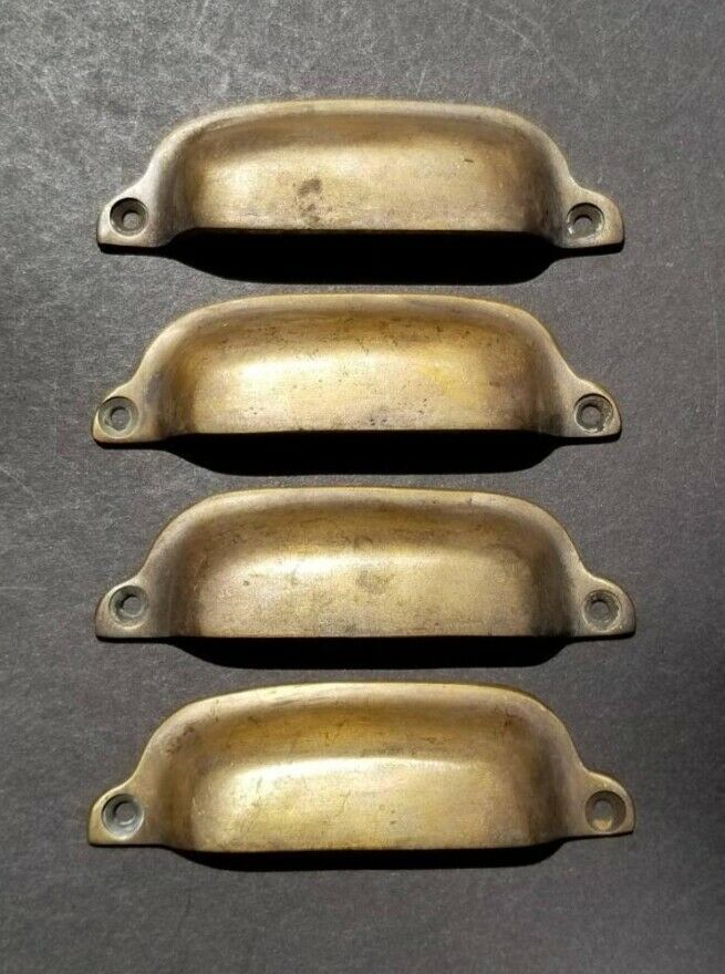 4 Antique Vintage Style Brass File Cabinet, Bin Pull Cup Handles 3-3/8" Ctr #a19