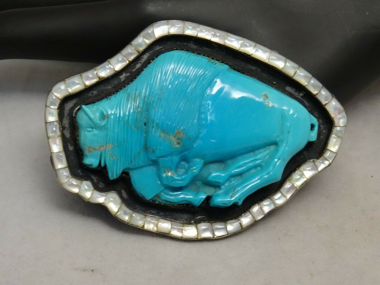 Navajo Turquoise Buffalo And Mop Belt Buckle, Sterling Silver