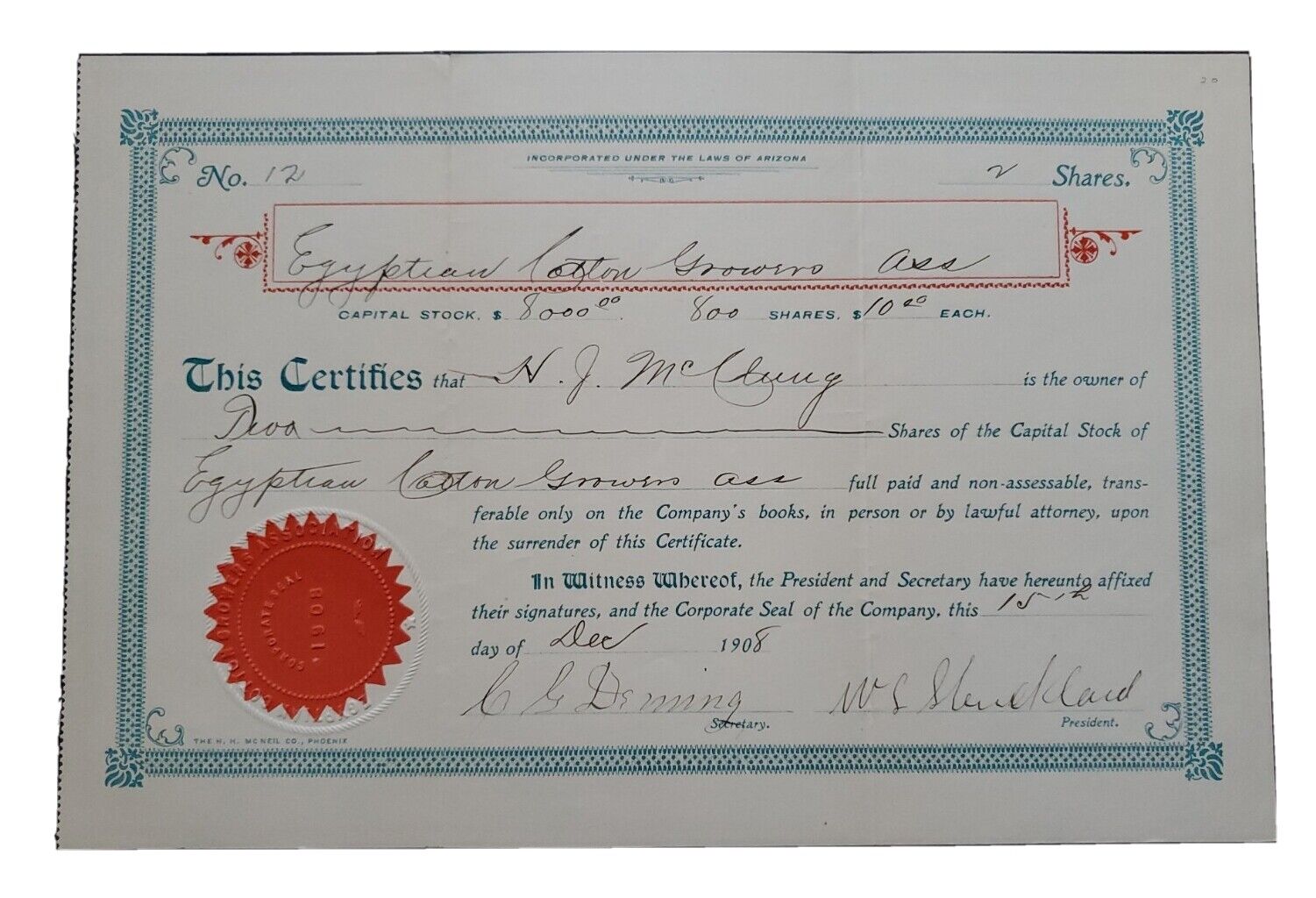1908 Egyptian Cotton Stock Certificate #12 Issued To H.j. Mccluing
