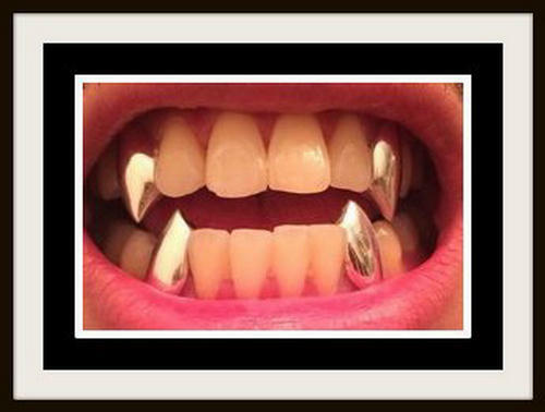 Hip Hop Vampire Dracula 14k Gold Gp Single Metal Fangs Teeth Grillz 2 Pc Set