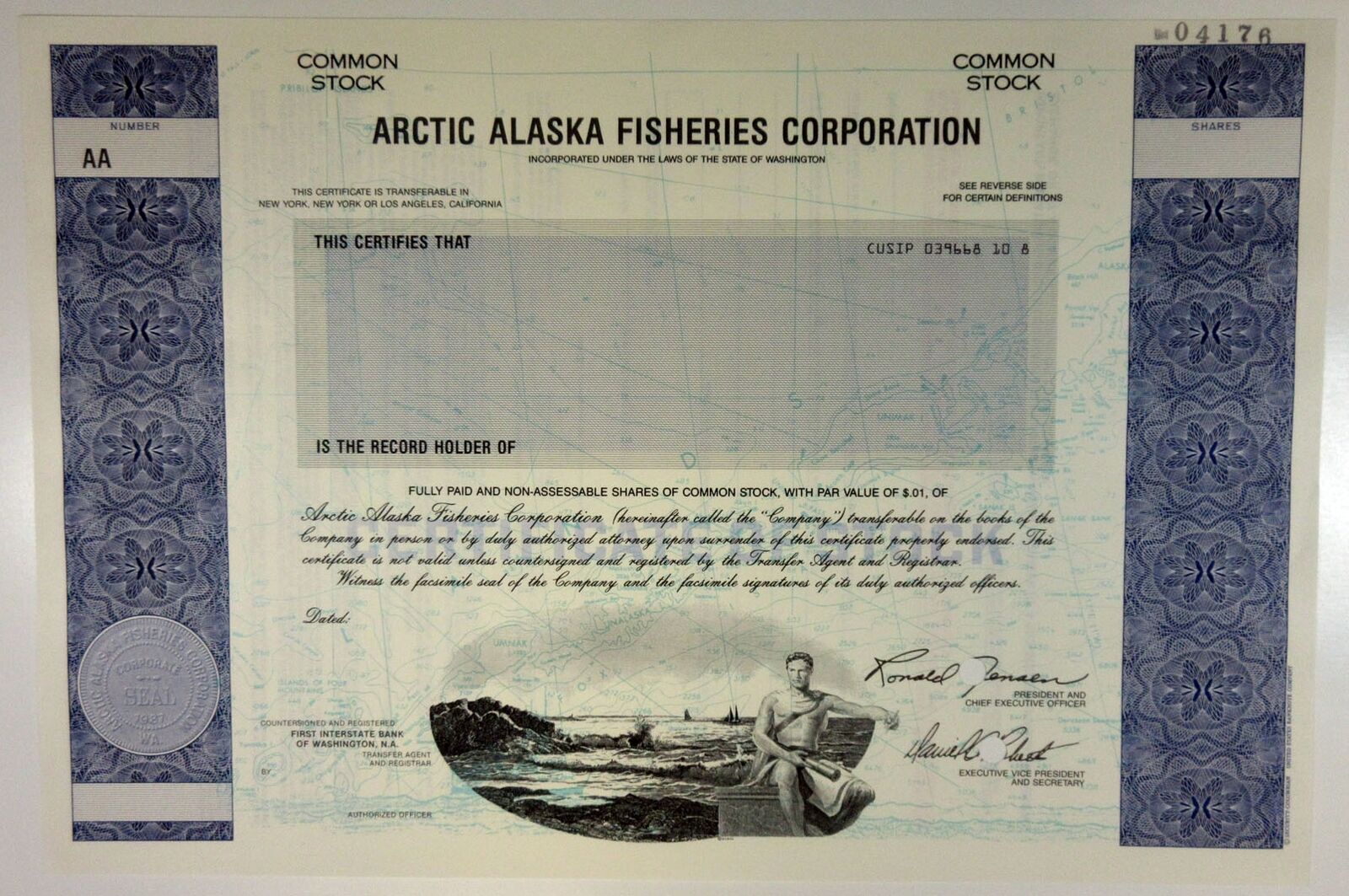 Wa. Arctic Alaska Fisheries Corp, 1990s Odd Shrs Specimen Stock Cert, Vf Sc-usbn