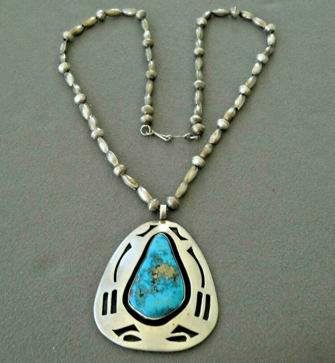 Native American Navajo Morenci Turquoise Sterling Silver Overlay Bead Necklace