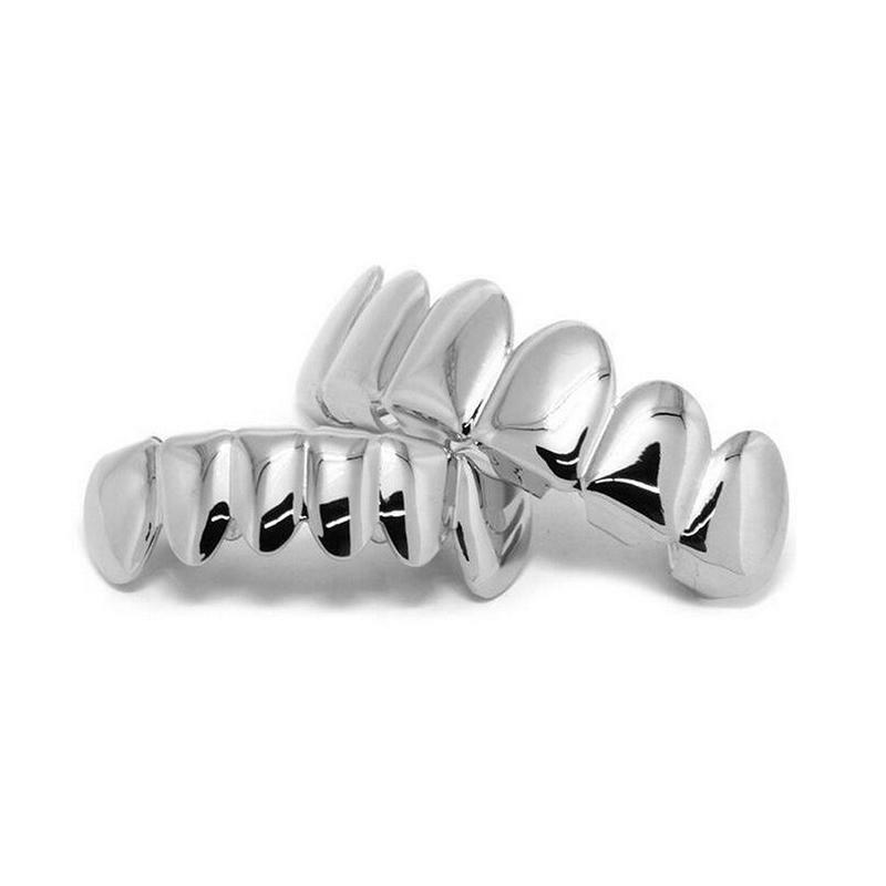 Hot Custom Fit Silver Plated Hip Hop Teeth Grillz Caps Top & Bottom Grill Set