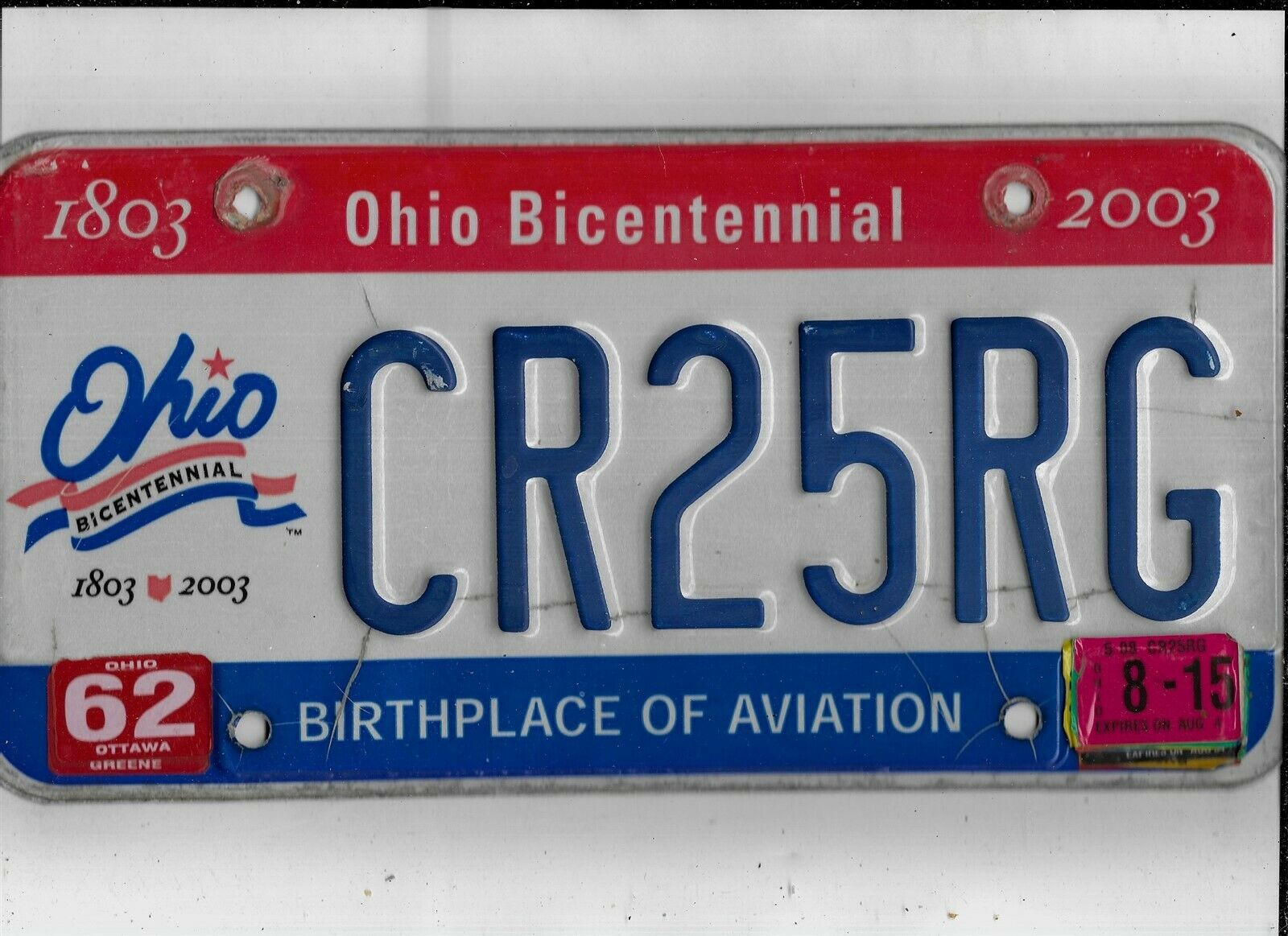 Ohio Passenger 2015 License Plate "cr25rg" ***ottawa***bicentennial***