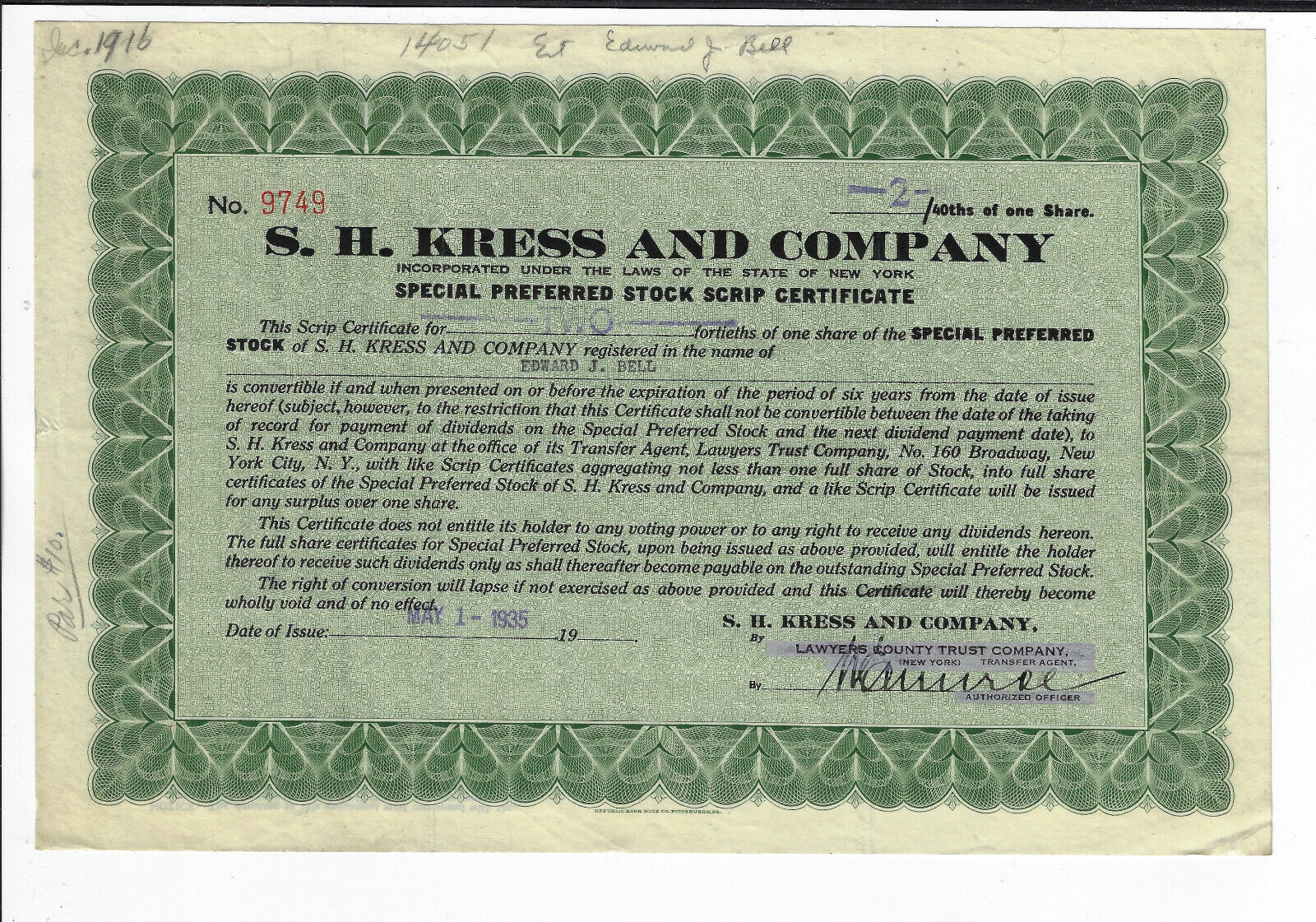 New York 1935 S H Kress And Company Scrip Stock Certificate 5 & Dimes Stores