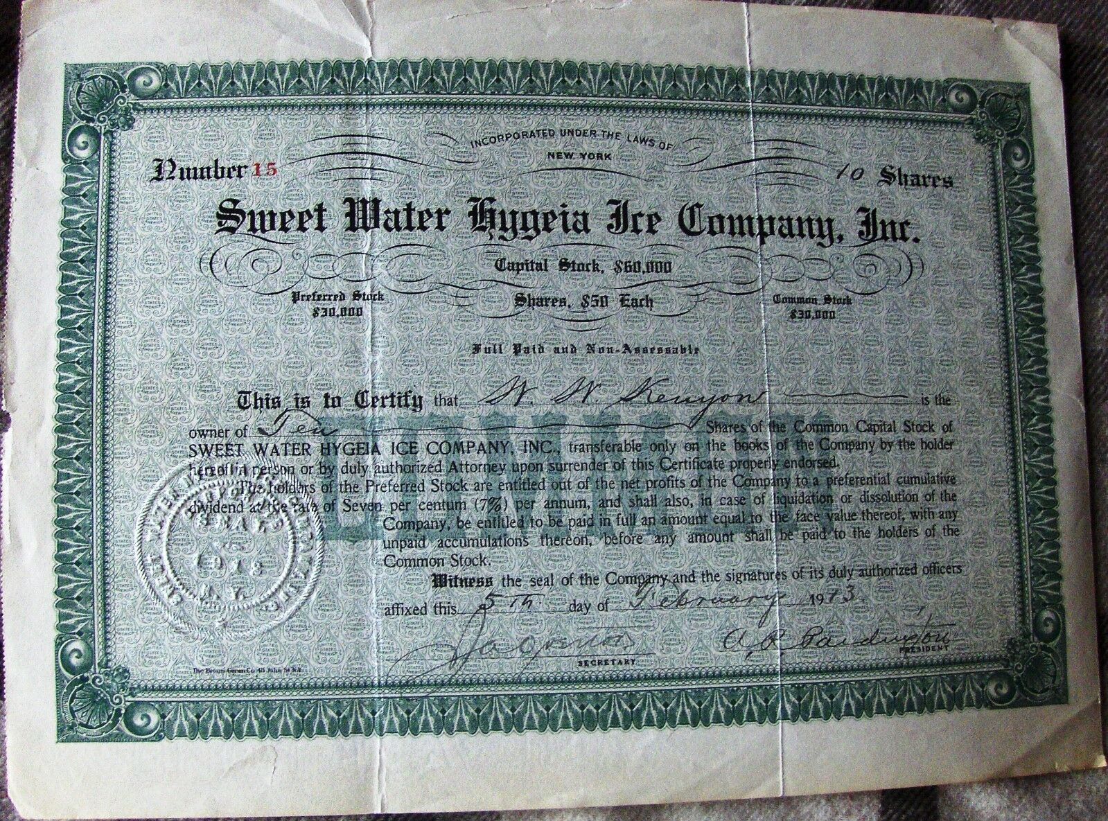 Stock Certificate Sweet Water Hygeia Ice Company, 1913  State Of Ney York