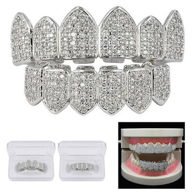 2x Silver Plated Bling Bling Cubic Zirconia Top & Bottom Grillz Mouth Teeth Usa