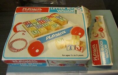 1976 Playskool Letter Block Wagon Toy 255 24 Wooden Blocks Yellow Wheels In Box