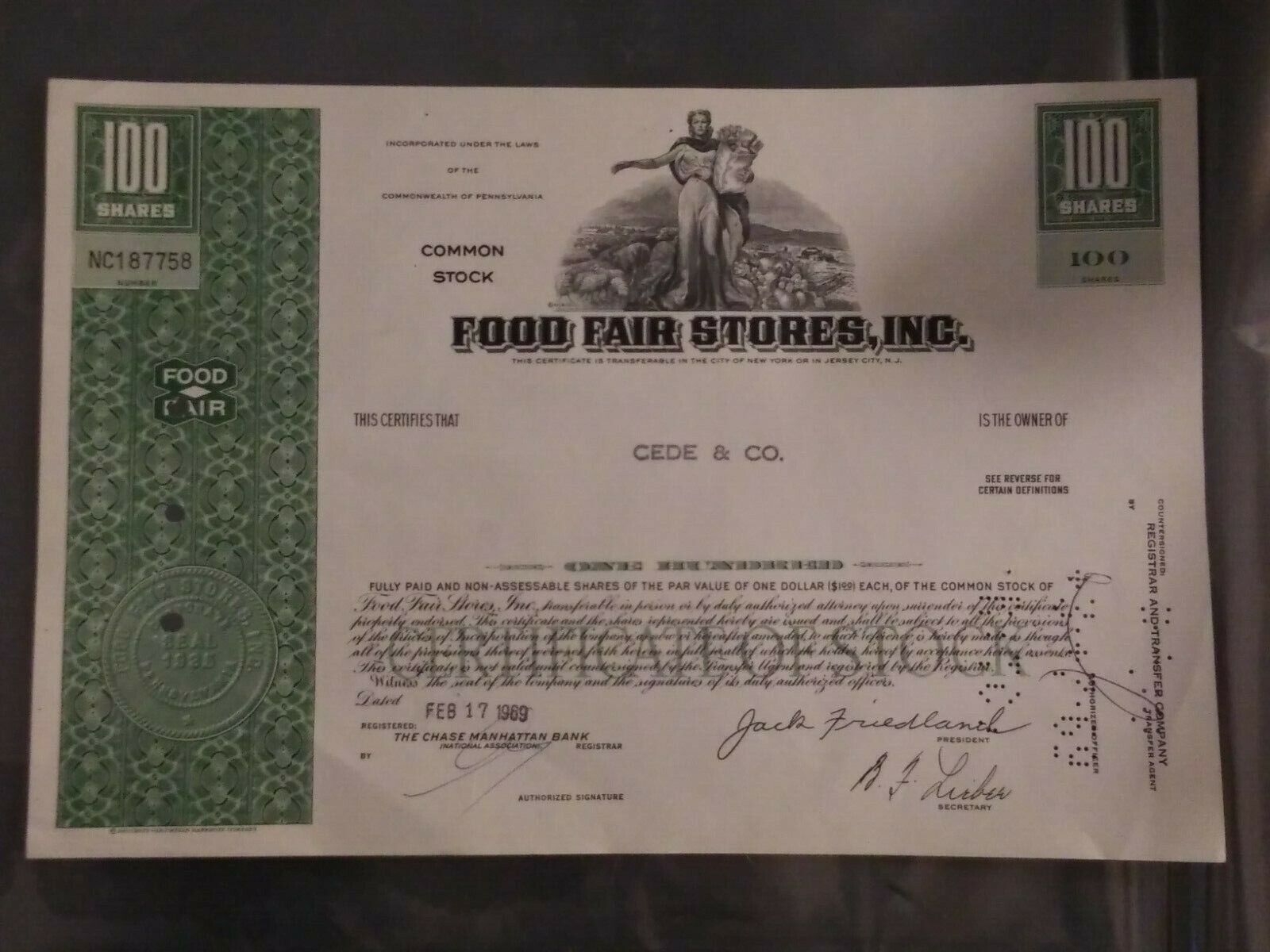 Food Fair Stores Inc. Old 100 Share Stock Certificate