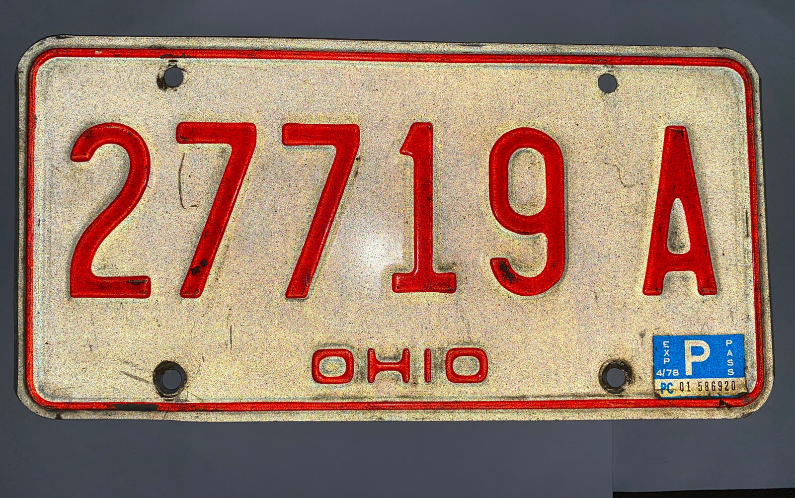Vintage Ohio License Plate #27719 A - White Red Tag For Collectors Use Only