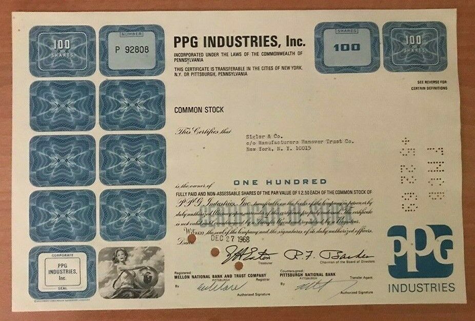 Ppg Industries , Inc. 100 Shares Bond Stock Certificate 1968