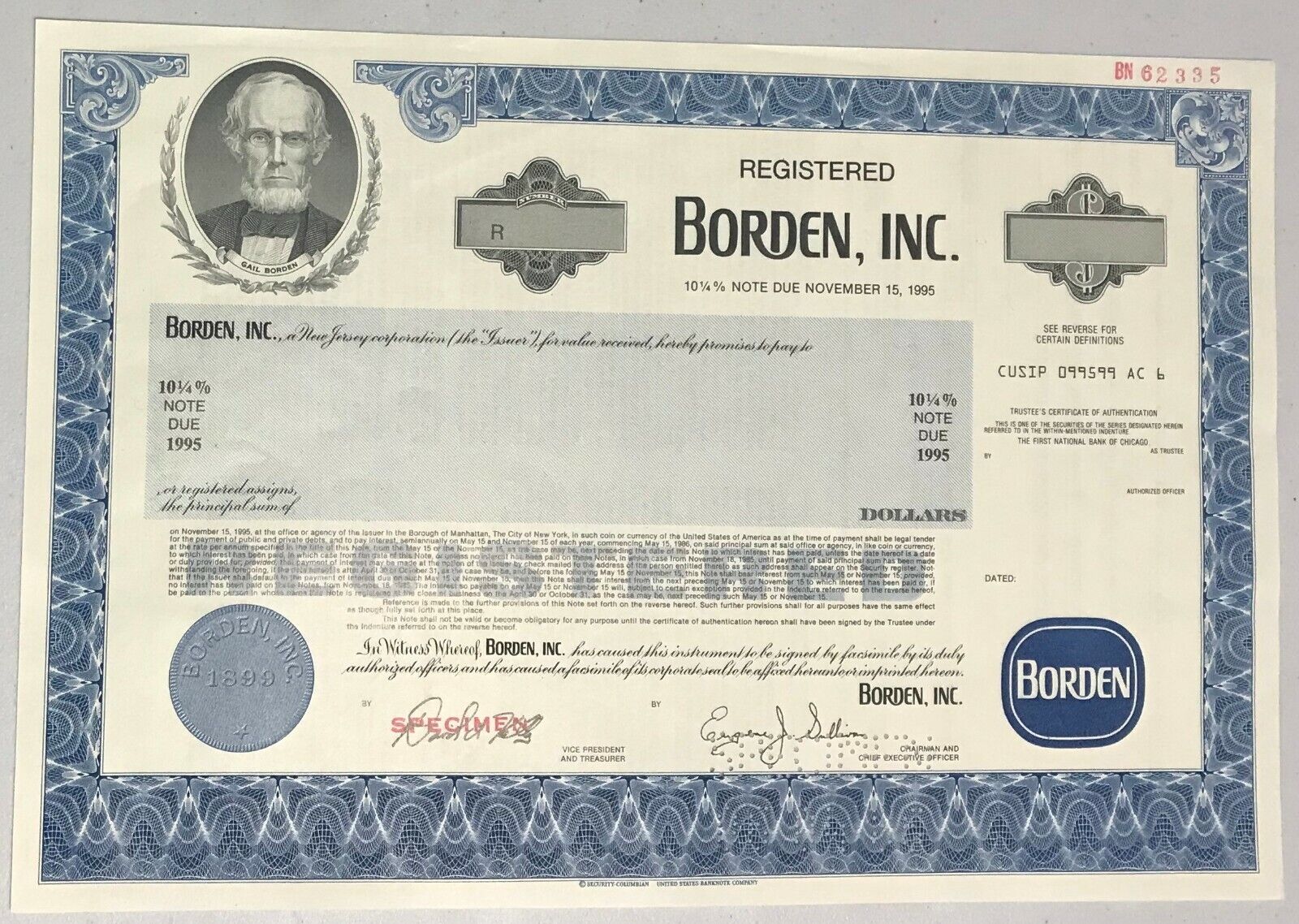 1986 Borden, Inc. Stock Bond Certificate Specimen