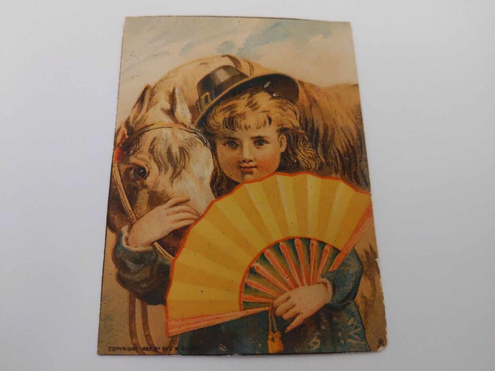 Girl With A Japanese Fan Snuggling Her Horse Victorian Trade Card 1880s