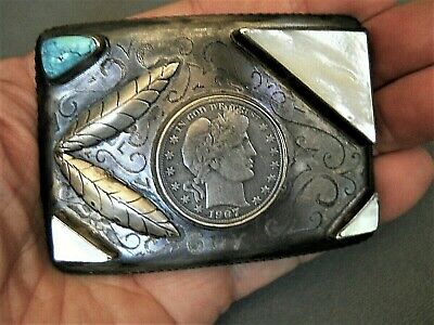 Native American Turquoise Mop Sterling Silver Barber Half Dollar Belt Buckle