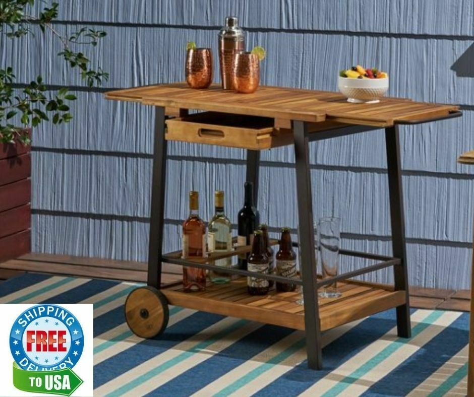 Wood And Iron Bar Cart Kitchen Trolley W Tray Top & Bottle Holders, Teak Finish