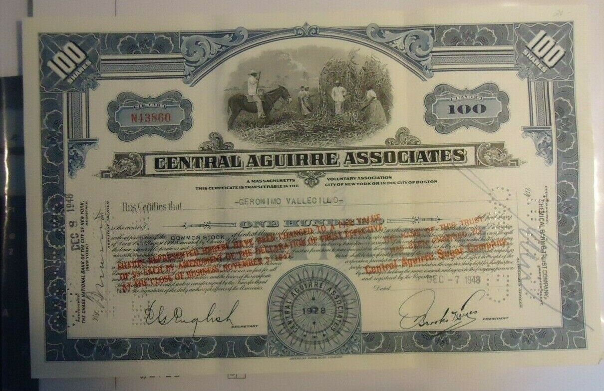 Puerto Rico-central Aguirre Associates Stock Certificate With Scarcer Handstamps