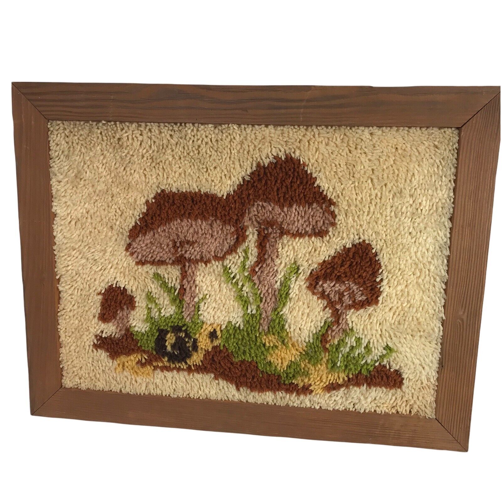 Framed 60s 70s Vintage Latch Hook Magic Mushroom Toadstool Shag Big Wall Hanging