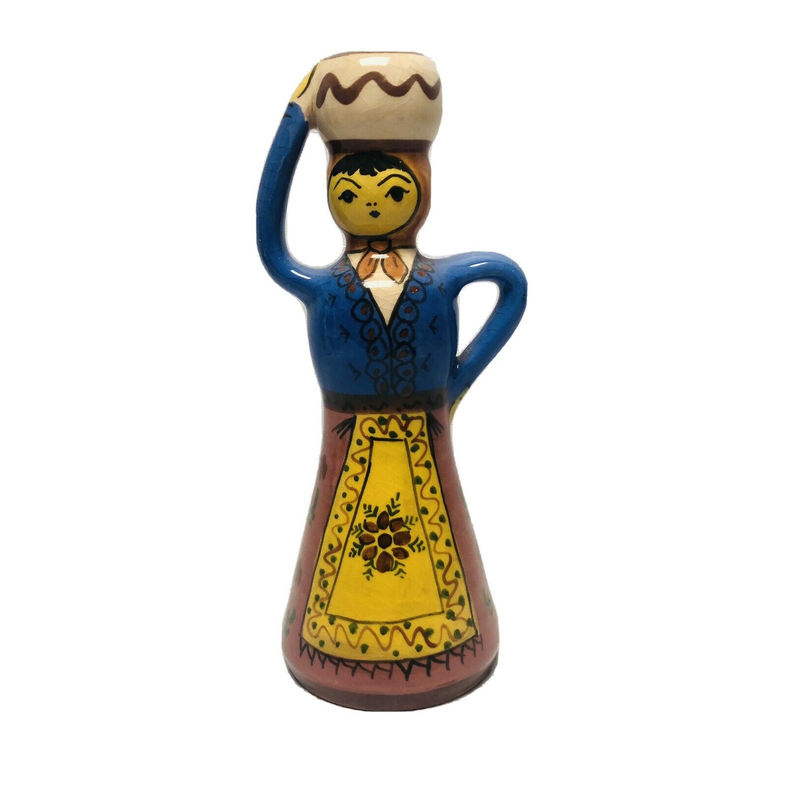 Handmade Candleholder Folk Art Pottery Glossy Crackle Glaze Decor 8.5” Tall