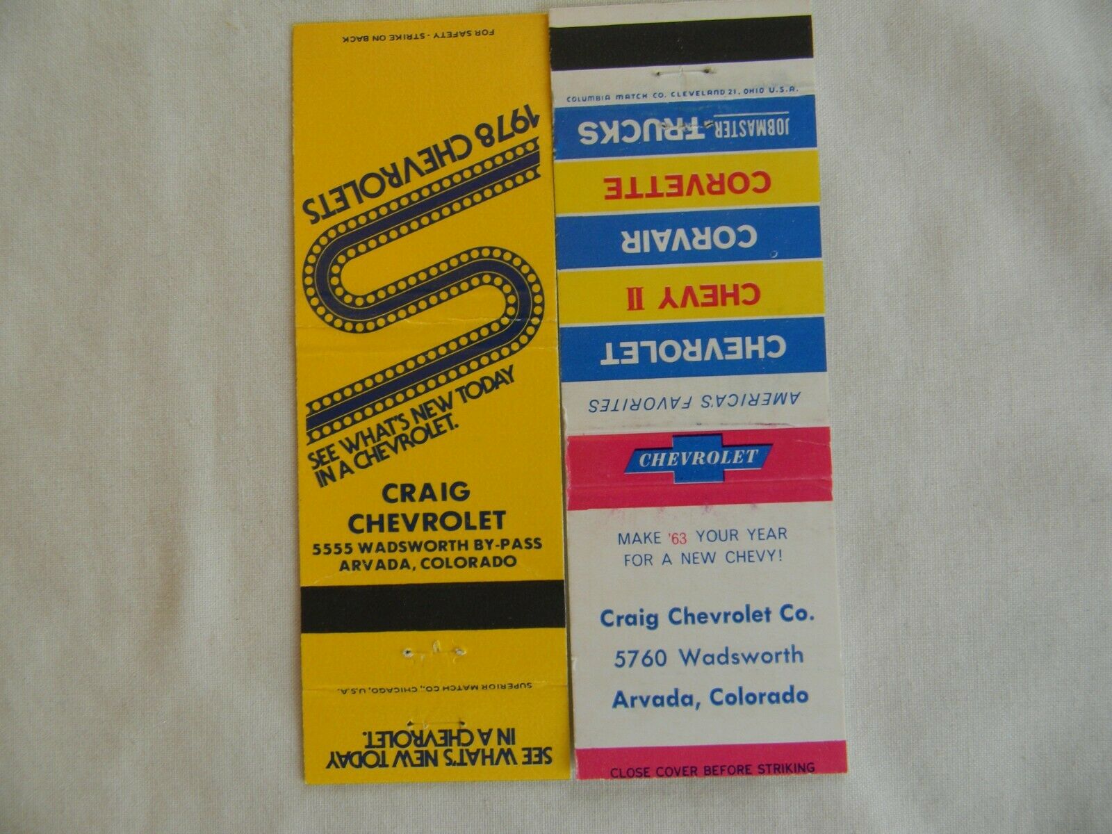 Arvada Colorado Automotive 1963 1978 Chevrolet Matchbooks