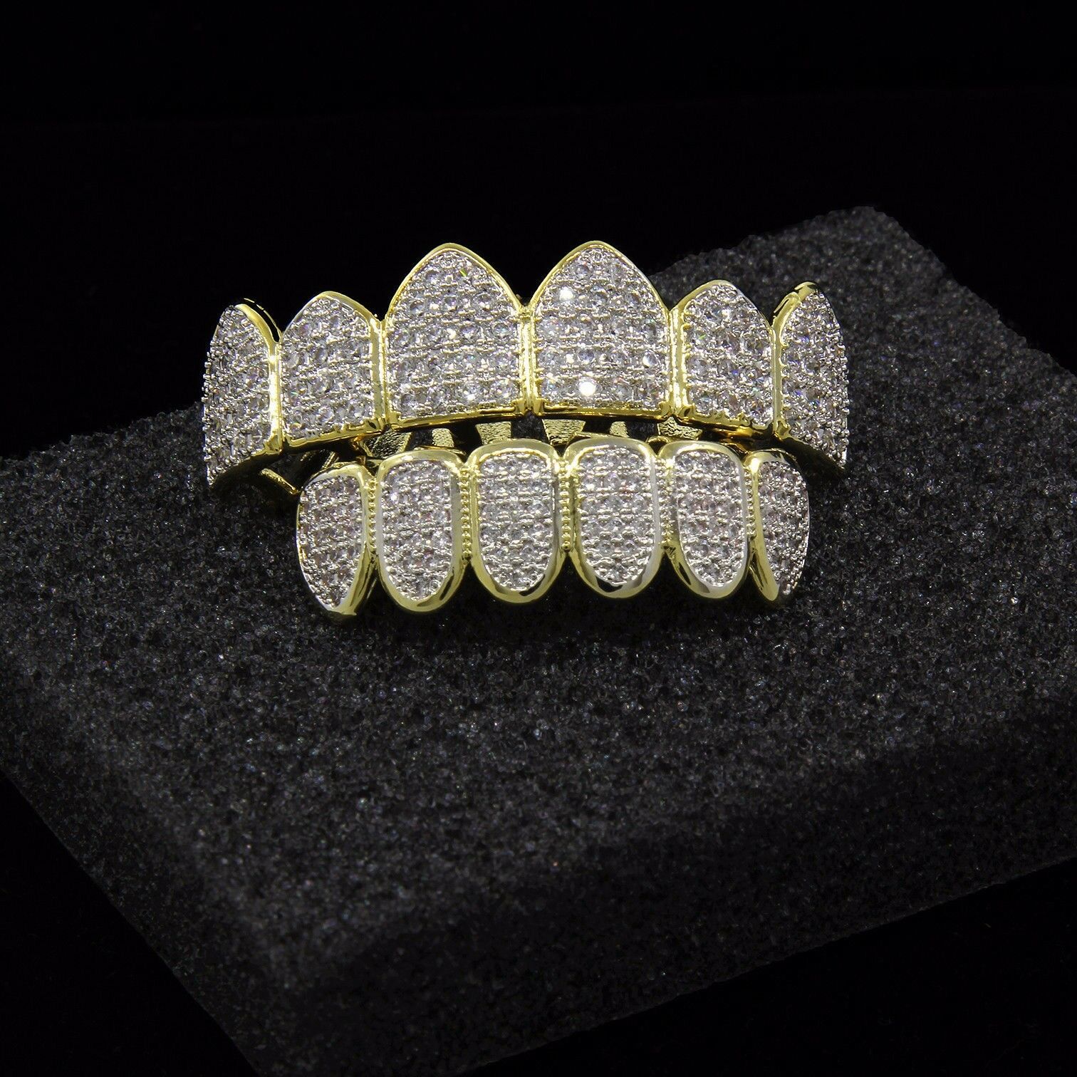 14k Gold Plated High Quality Cz Iced Two Tone Top & Bottom Grillz Mouth Teeth