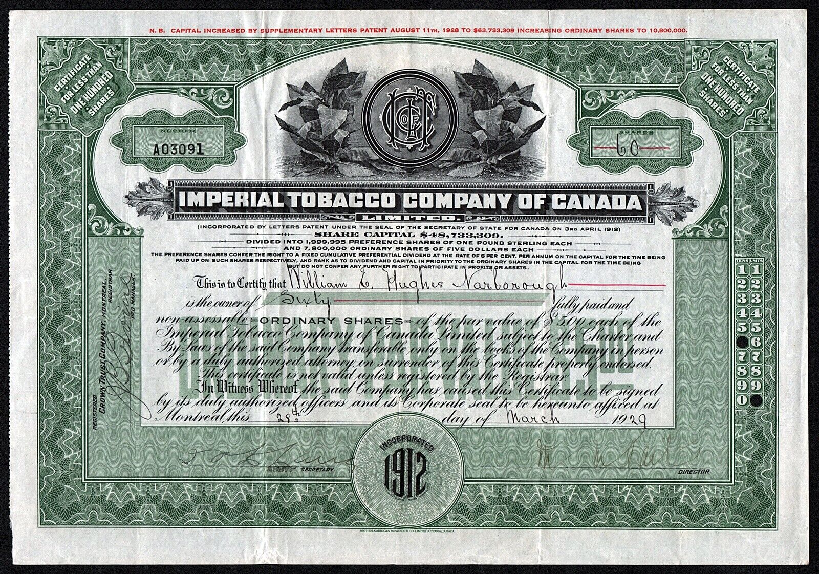 1929 Canada: Imperial Tobacco Company Of Canada