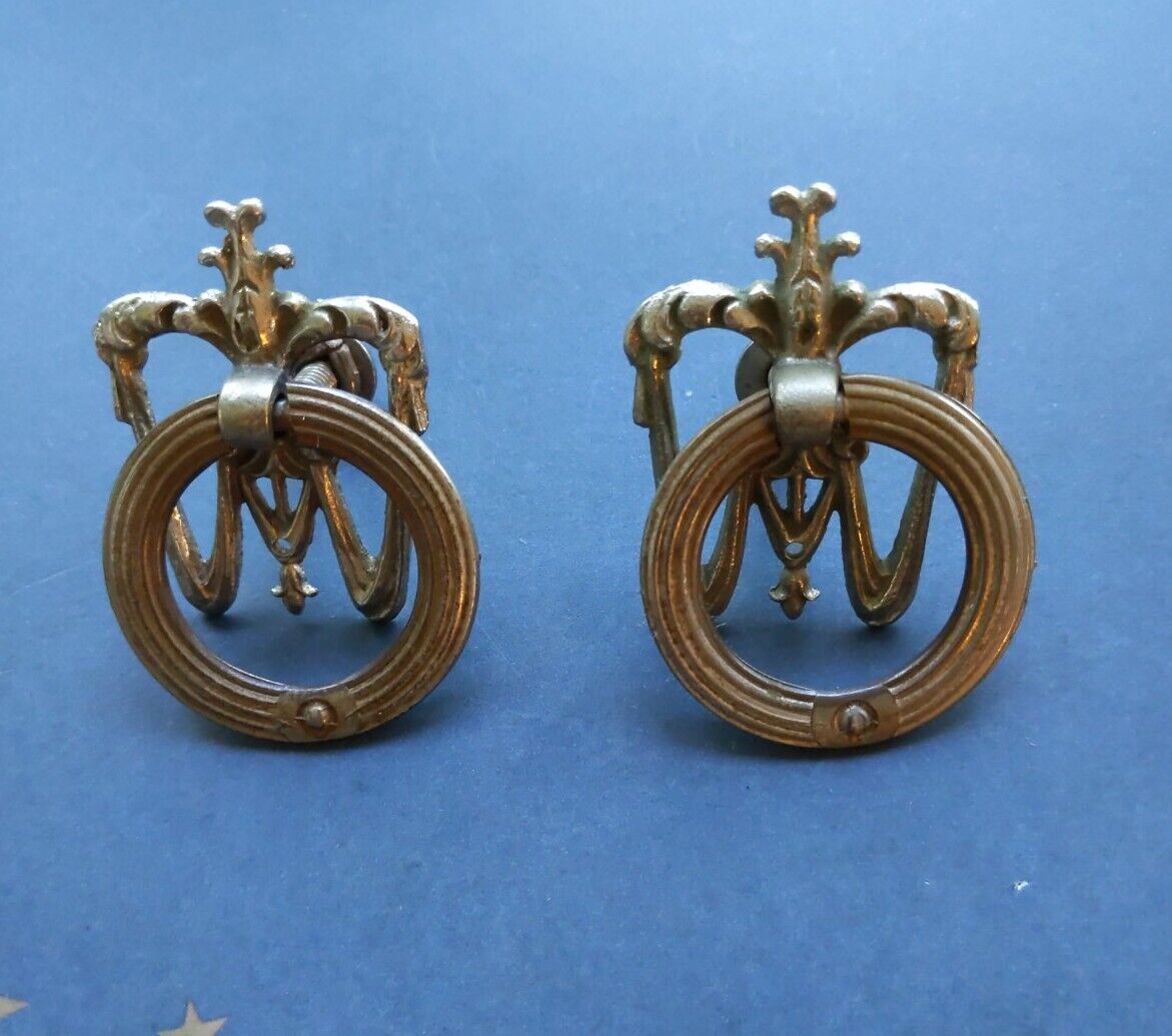Set Of 2 Antique Drop Ring Ornate Metal Drawer Cabinet Pulls Numbered 6652