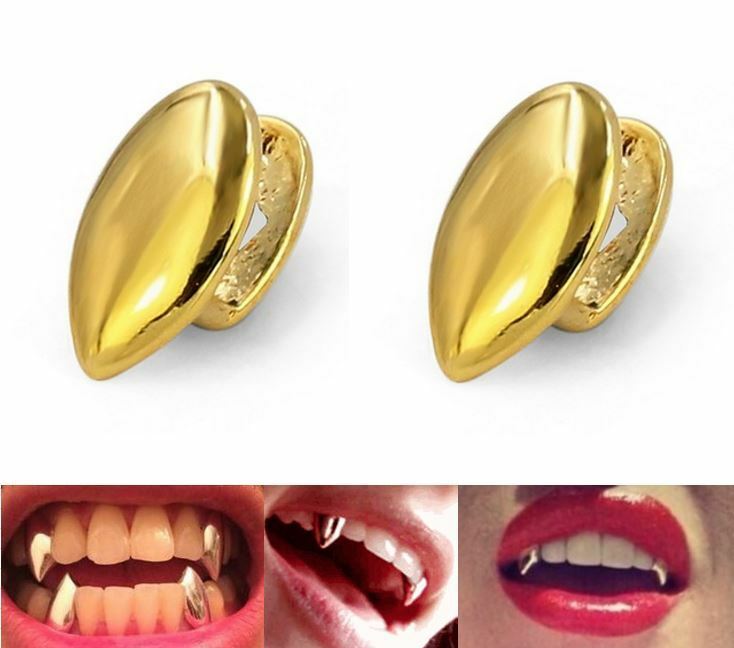 Hip Hop 14k Gold Plated Mouth Teeth Grills Grillz Single Fangs - 2 Pc Set