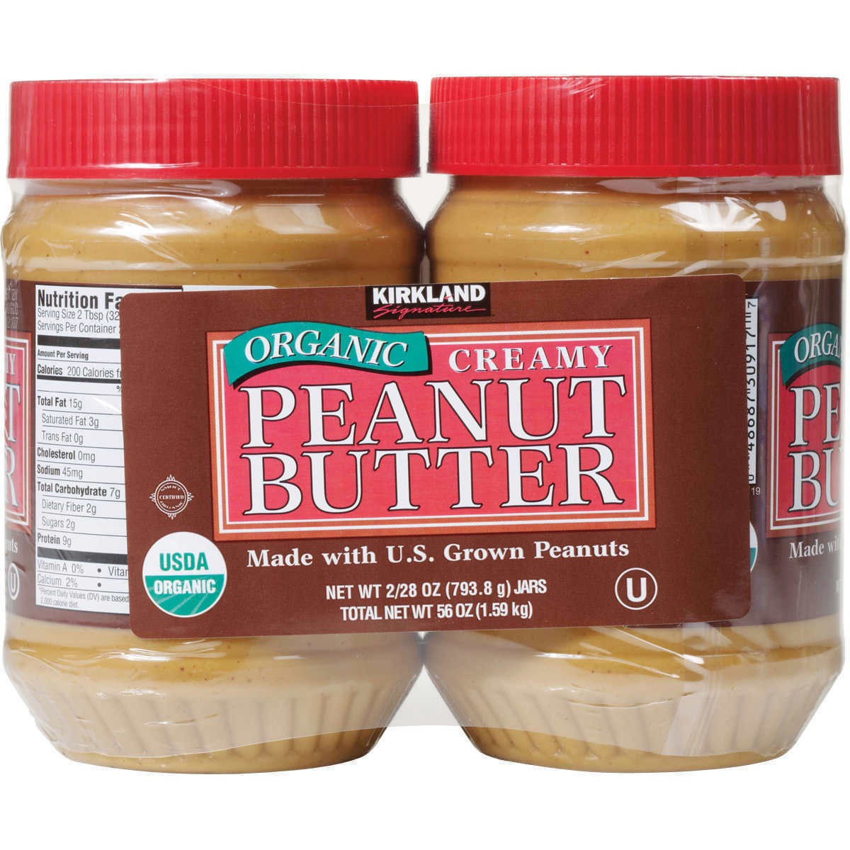 2 Jars Kirkland Signature Creamy Organic Peanut Butter, 28 Oz Each