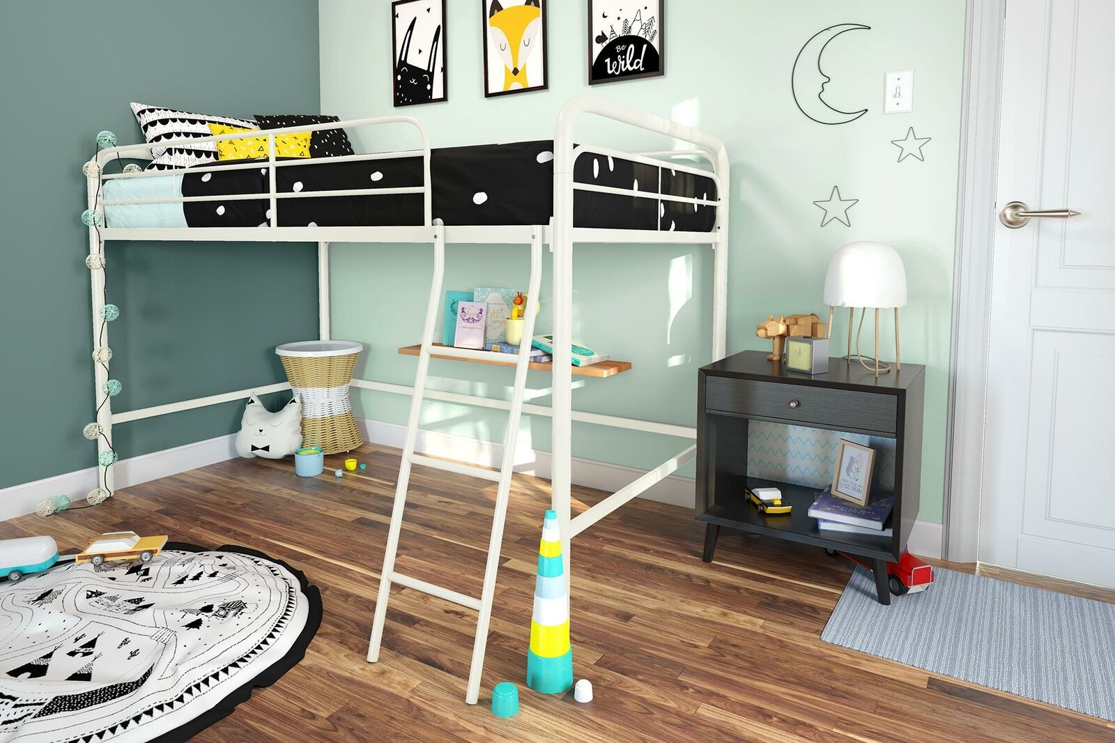 Twin Size Metal Loft Bed Frame With Ladder Kids Toddler Bedroom Furniture White