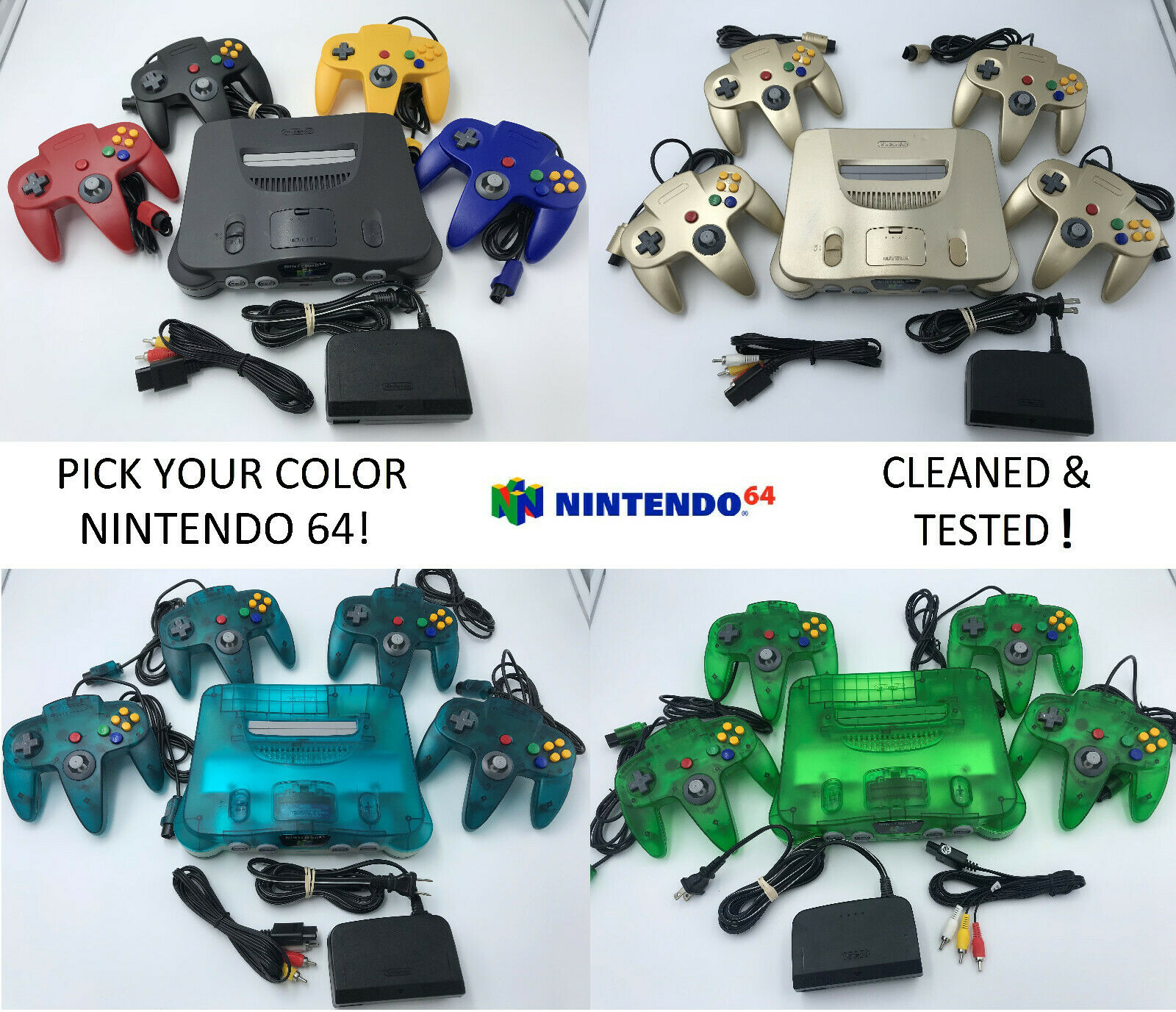 Choose Nintendo 64 Console Color + Up To 4 Controllers + Cords!  Cleaned N64!
