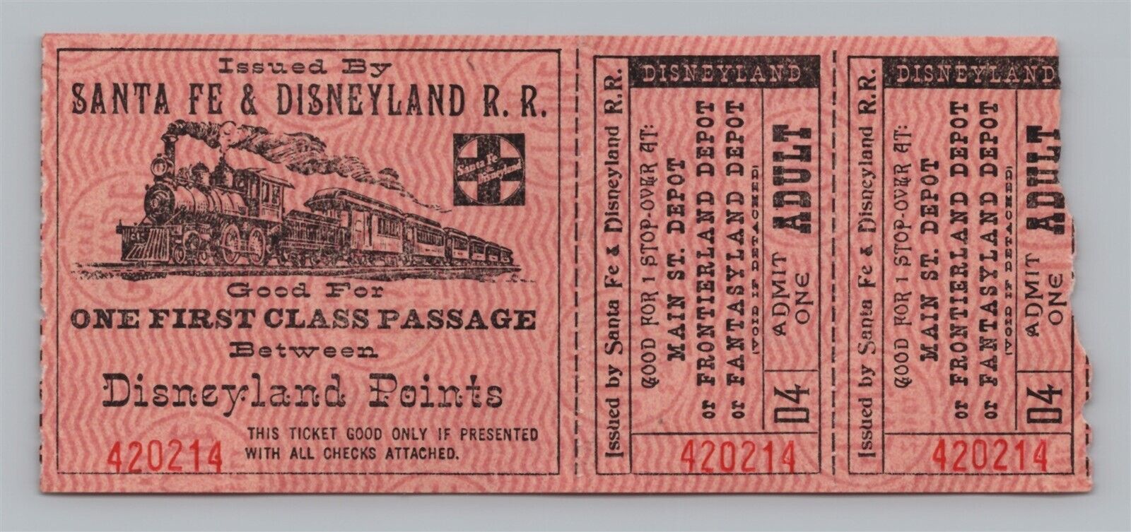 1957 Vintage Disneyland Rr Santa Fe Railroad Train Ticket Strip Orange Disney